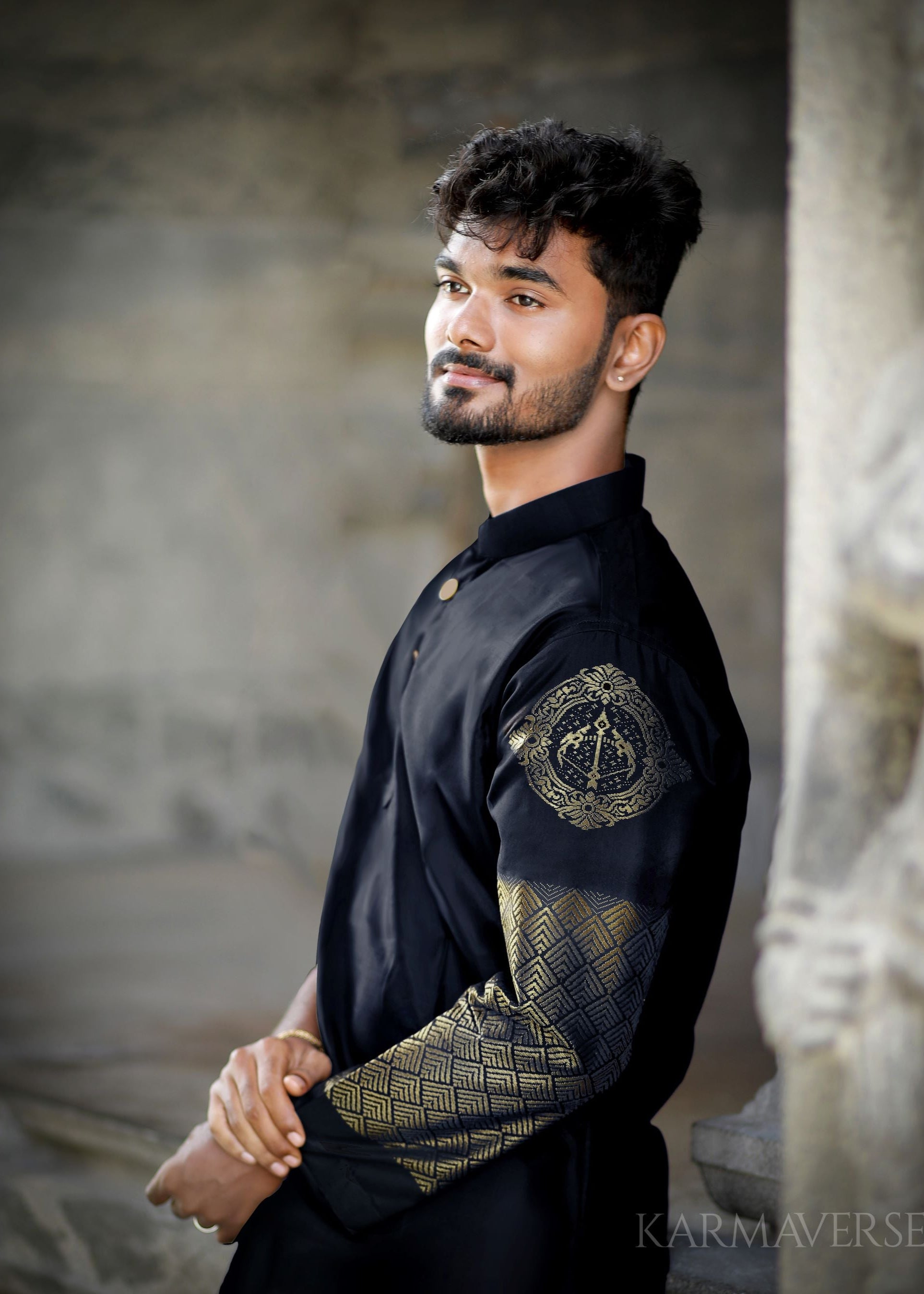 Sagittarius zodiac embroidered silk kurta handloom black Mulberry silk kurta with golden zari Roman style handloom silk kurta with German golden zari
