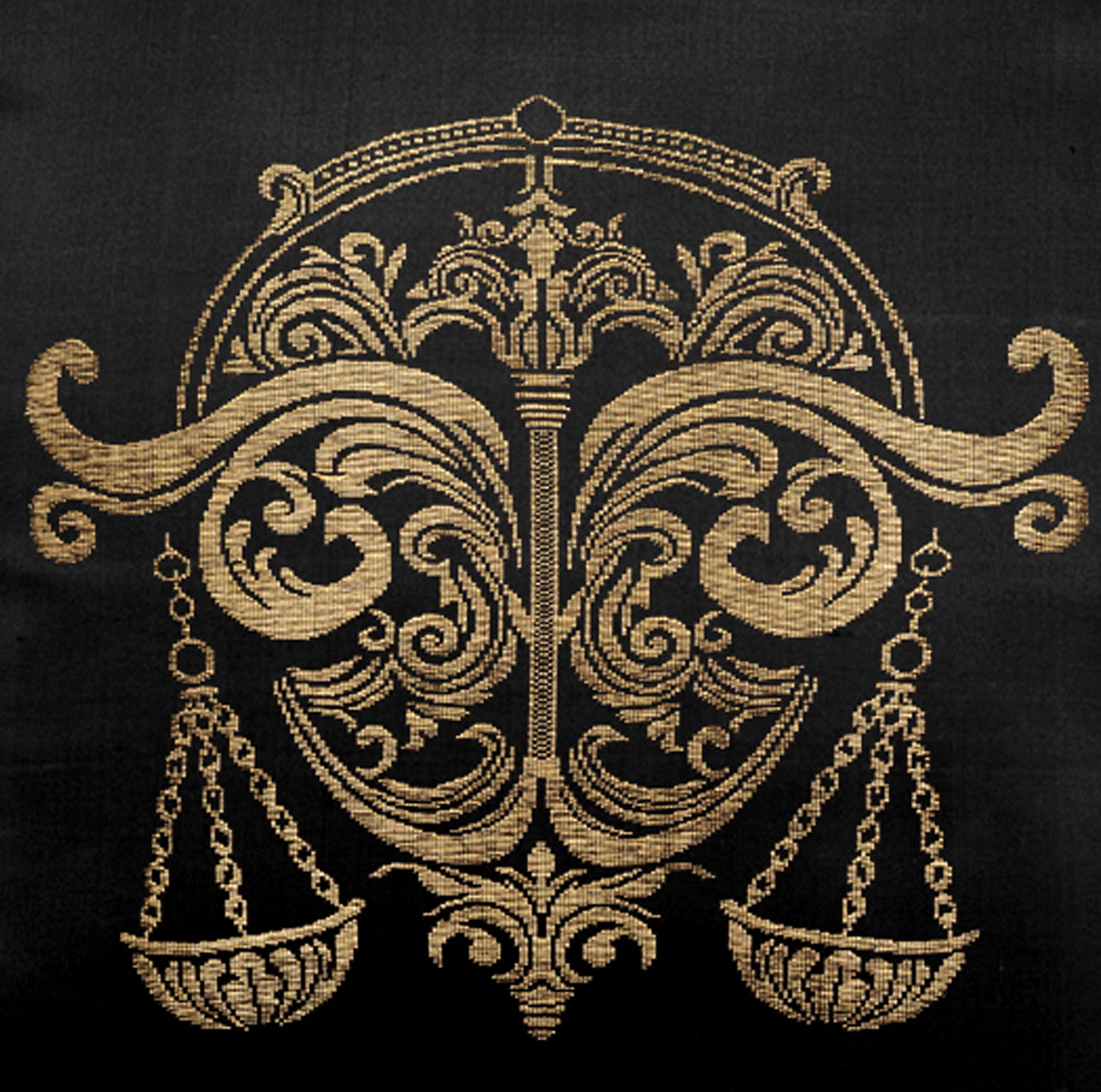 Black Pure Mulberry Silk Golden Zari Libra Zodiac Cushion Cover Golden Pillow cover closeup