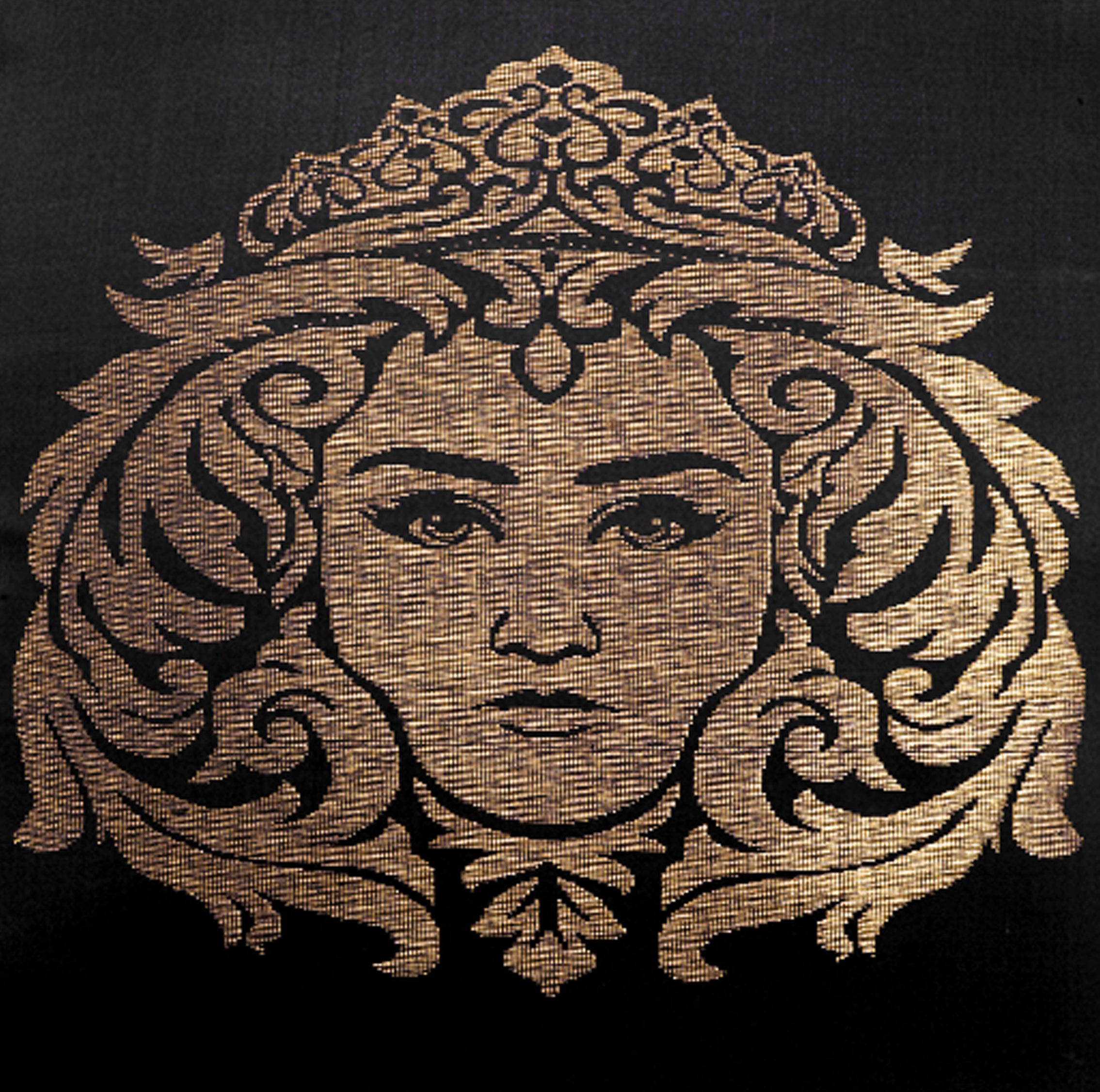 Black Pure Mulberry Silk Golden Zari Virgo Zodiac Cushion Cover Golden Pillow cover closeup view