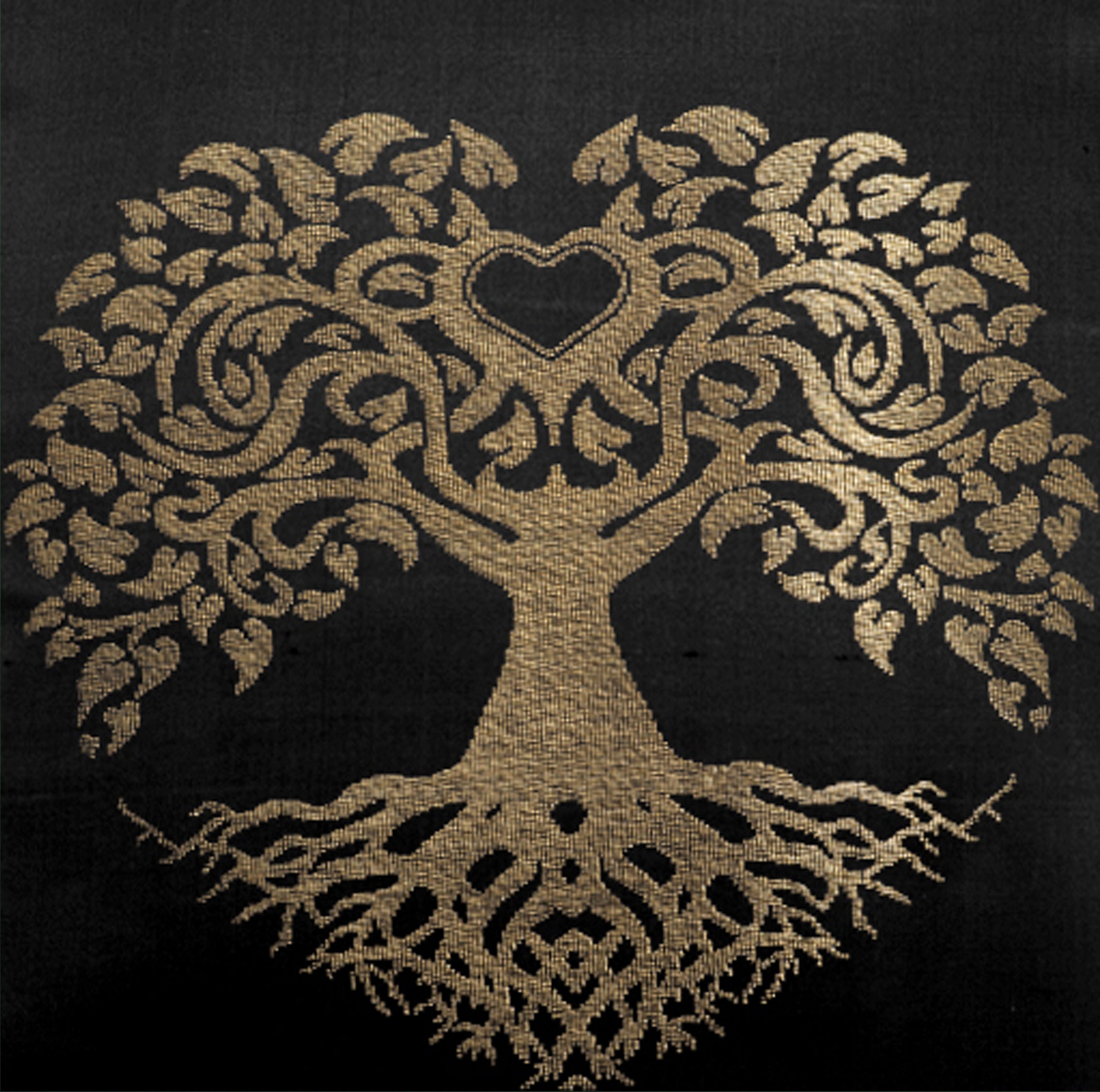 Black Pure Mulberry Silk Golden Zari Tree of life Cushion Cover Golden close up