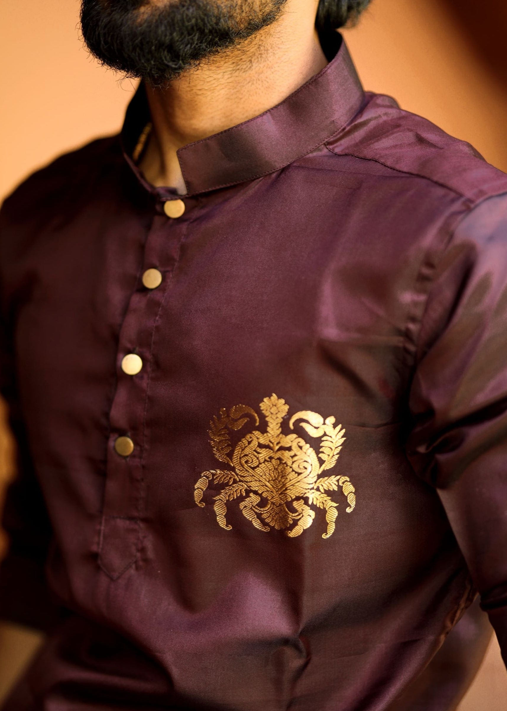 Cancer zodiac embroidered silk kurta handloom maroon Mulberry silk kurta with golden zari Mughal style handloom silk kurta with German golden zari closeup view
