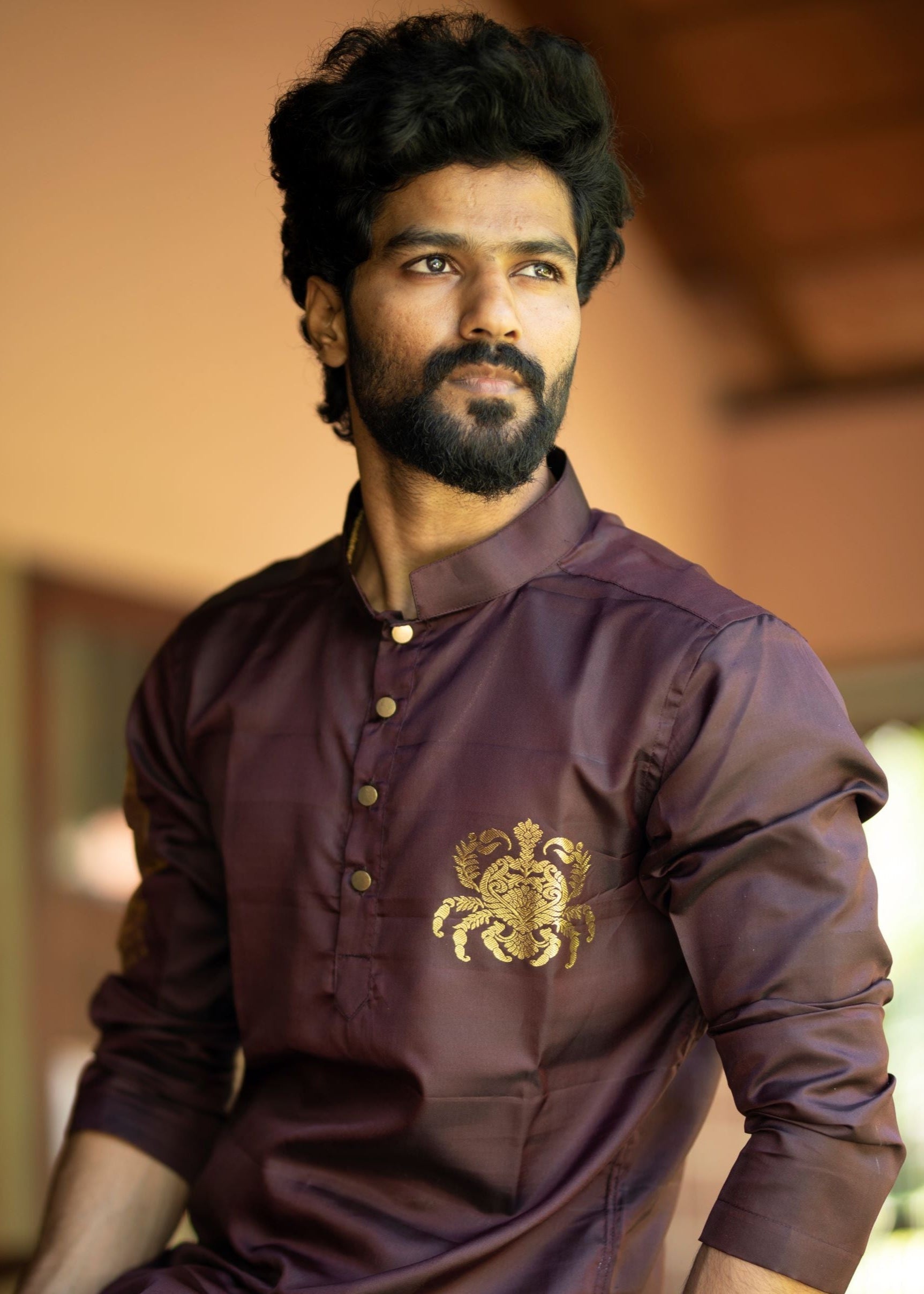 Cancer zodiac embroidered silk kurta handloom maroon Mulberry silk kurta with golden zari Mughal style handloom silk kurta with German golden zari