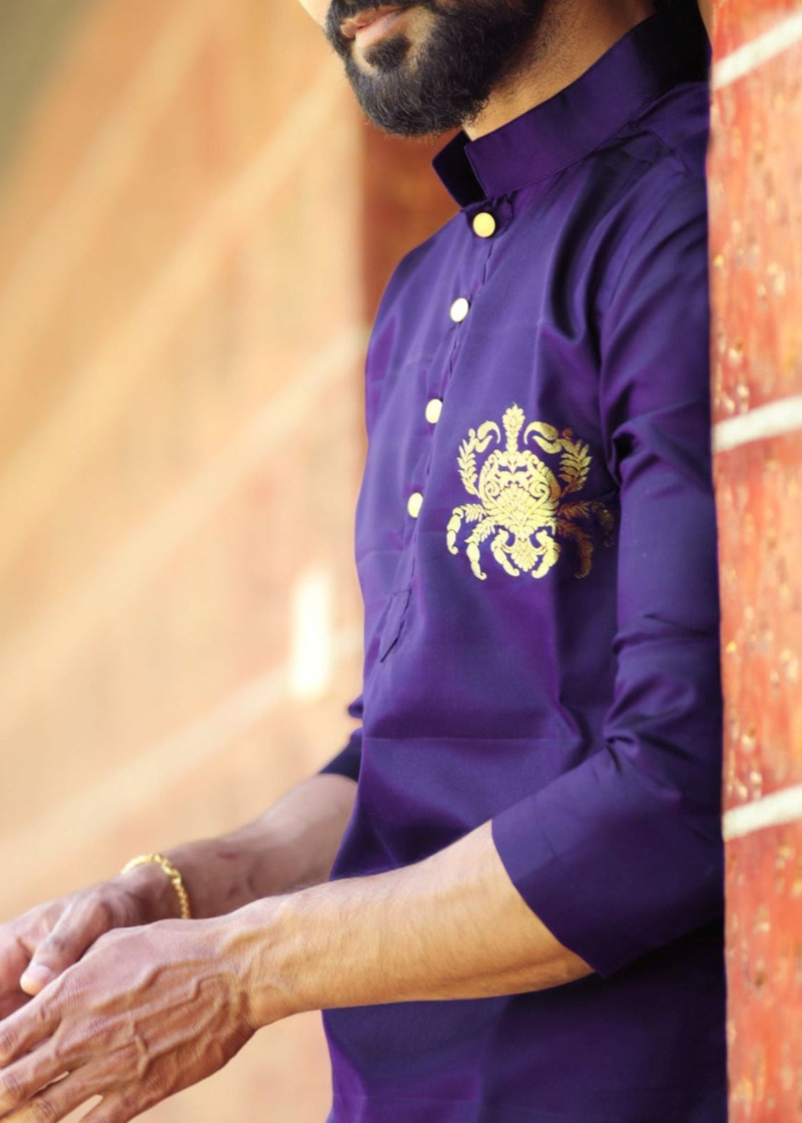 Cancer zodiac embroidered silk kurta handloom purple Mulberry silk kurta with golden zari Mughal style handloom silk kurta with German golden zari sideview