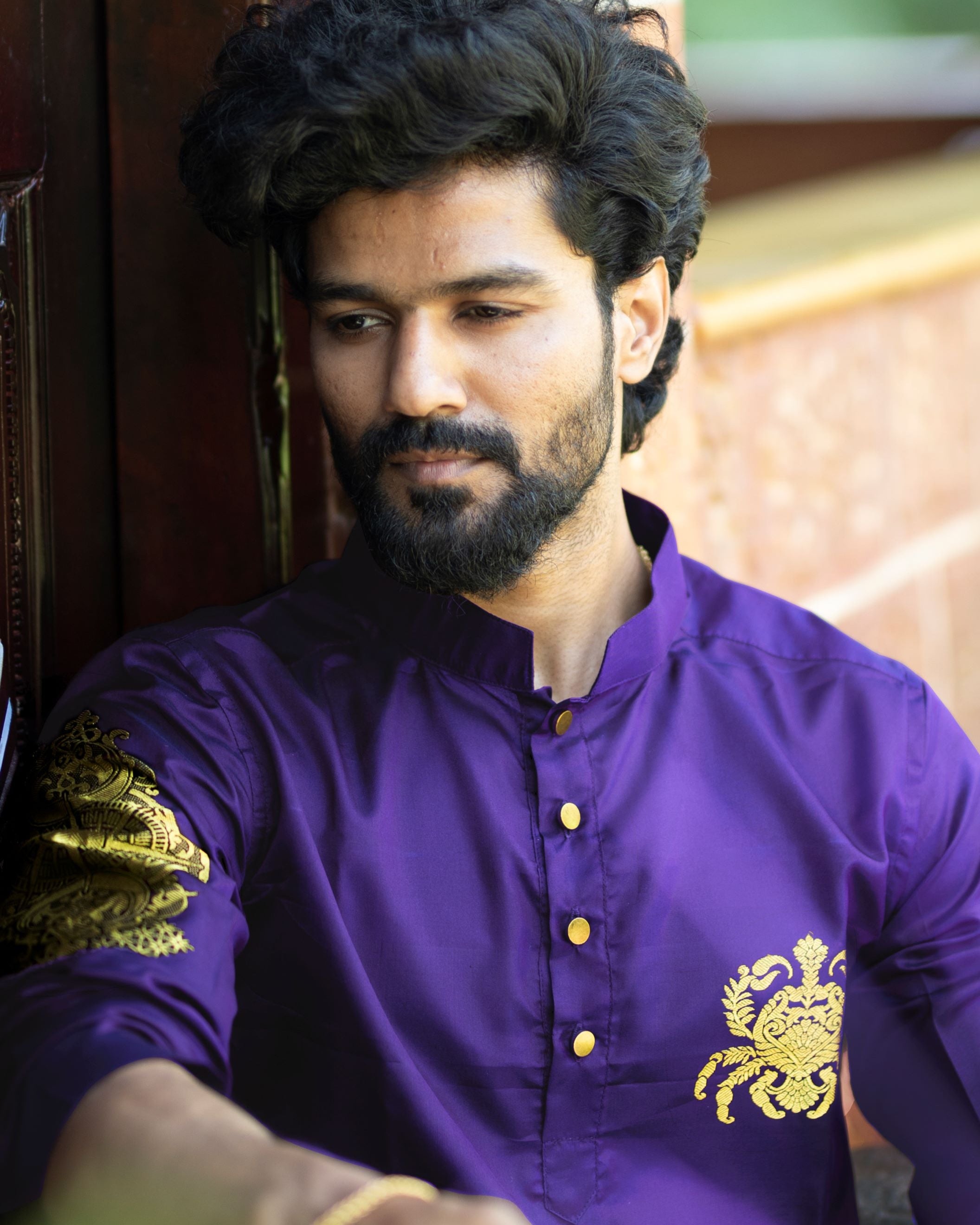 Cancer zodiac embroidered silk kurta handloom purple Mulberry silk kurta with golden zari Mughal style handloom silk kurta with German golden zari