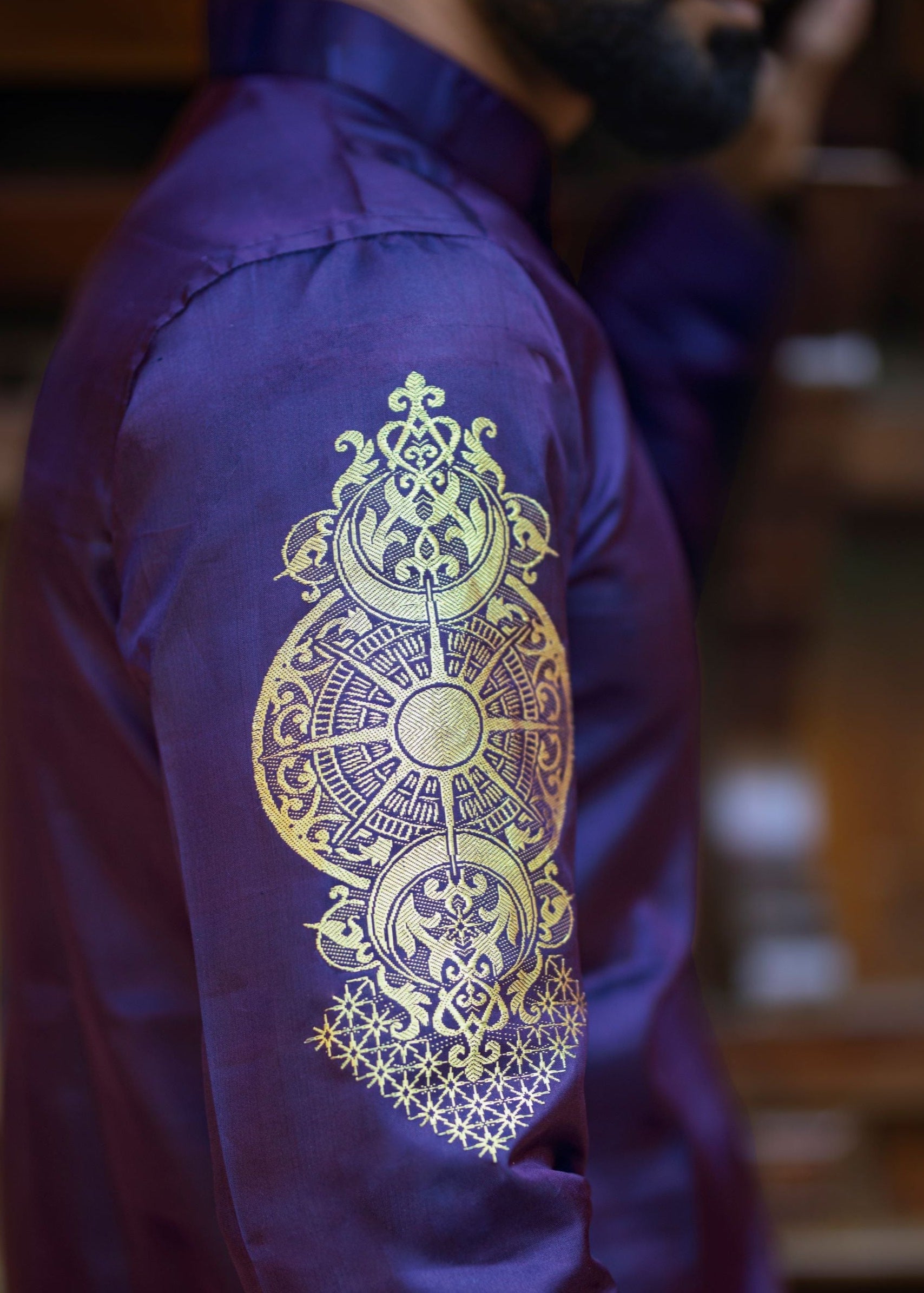 Cancer zodiac embroidered silk kurta handloom purple Mulberry silk kurta with golden zari Mughal style handloom silk kurta with German golden zari side closeup view
