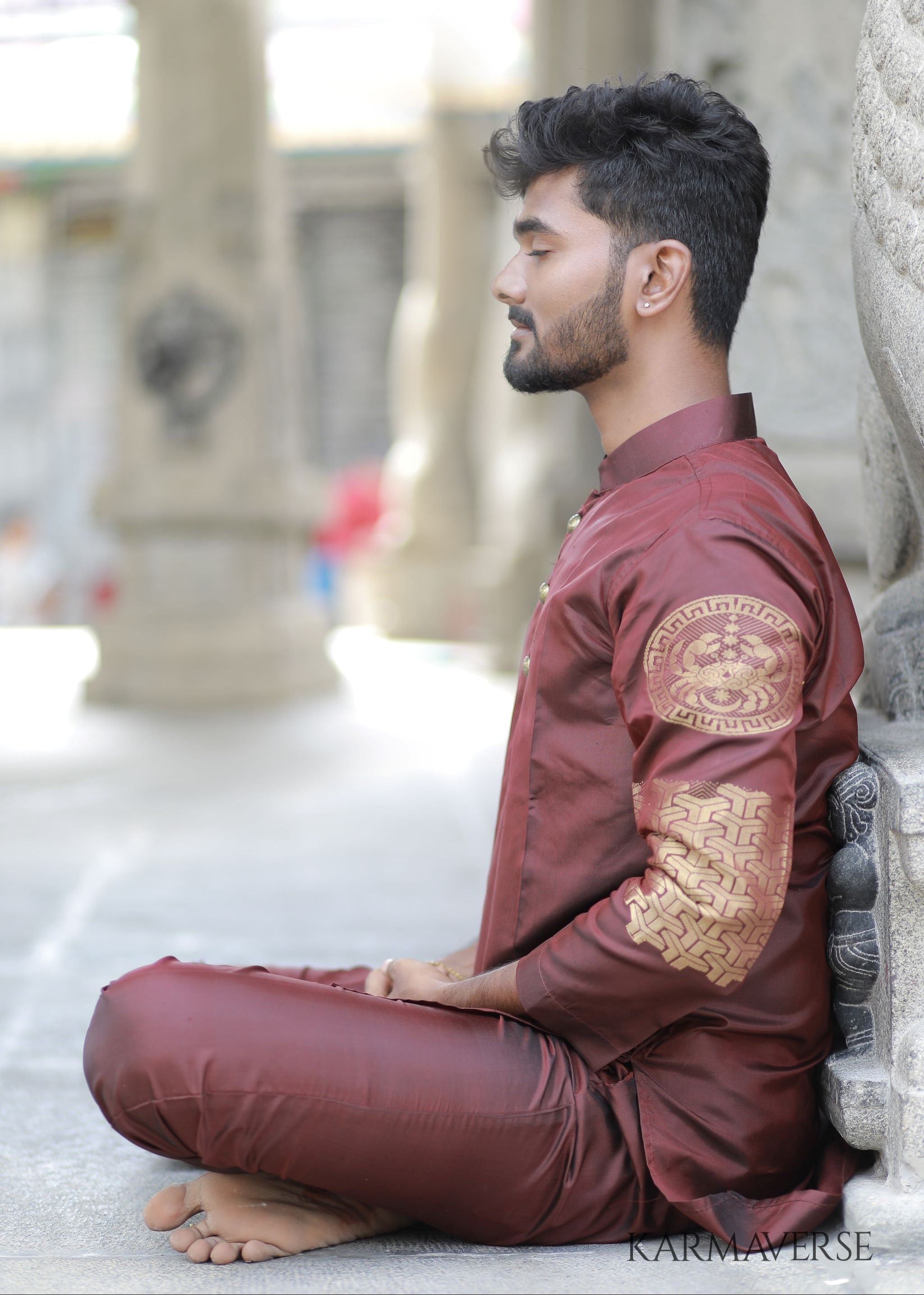 Cancer zodiac embroidered silk kurta handloom maroon Mulberry silk kurta with golden zari Roman style handloom silk kurta with German golden zari
