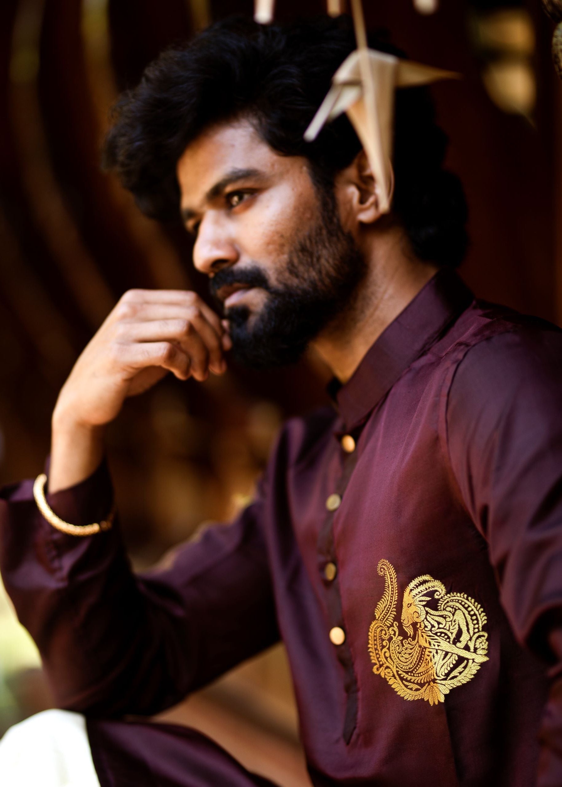 Capricorn zodiac embroidered silk kurta handloom maroon Mulberry silk kurta with golden zari Mughal style handloom silk kurta with German golden zari side view