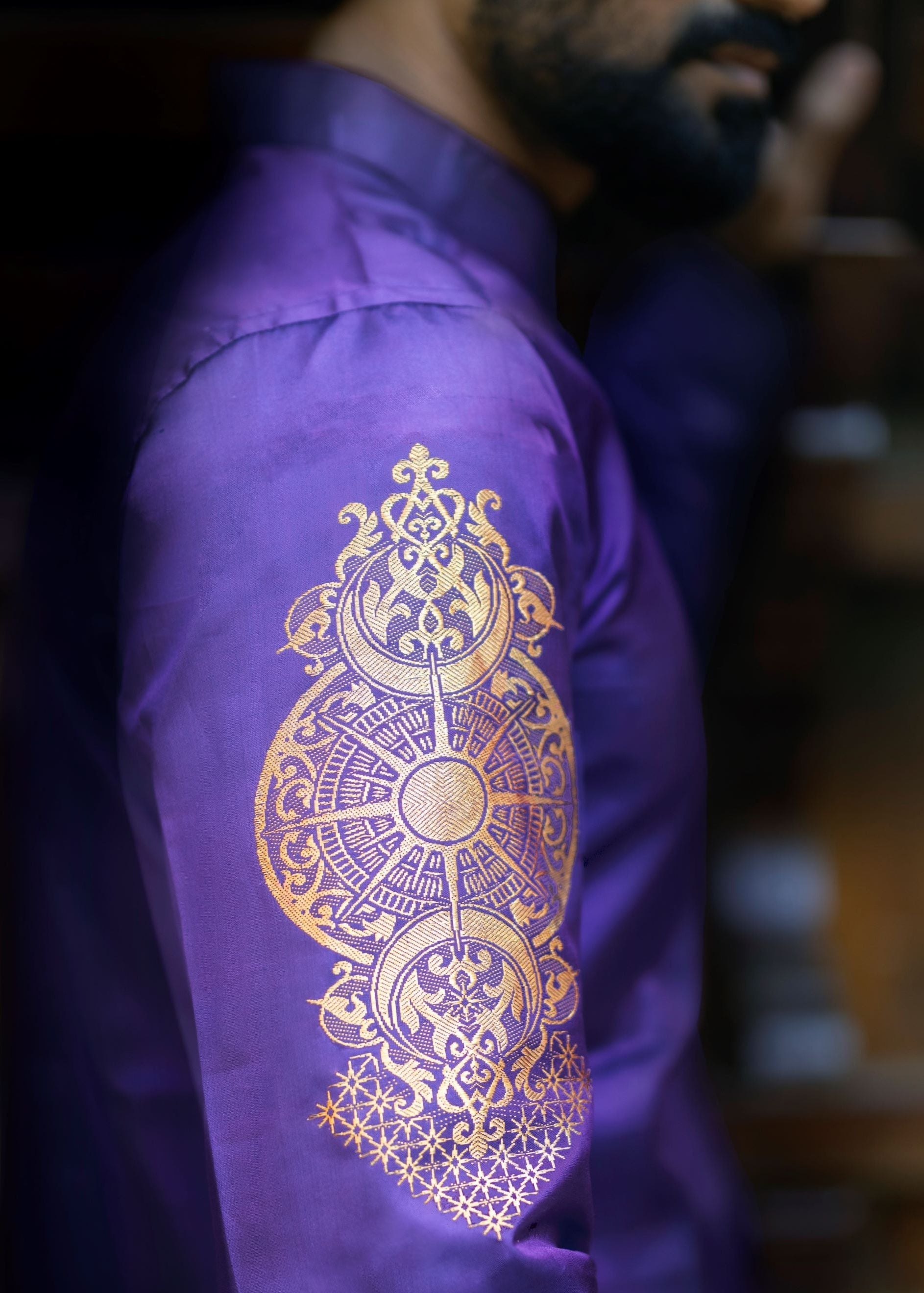 Capricorn zodiac embroidered silk kurta handloom purple Mulberry silk kurta with golden zari Mughal style handloom silk kurta with German golden zari side closeup view