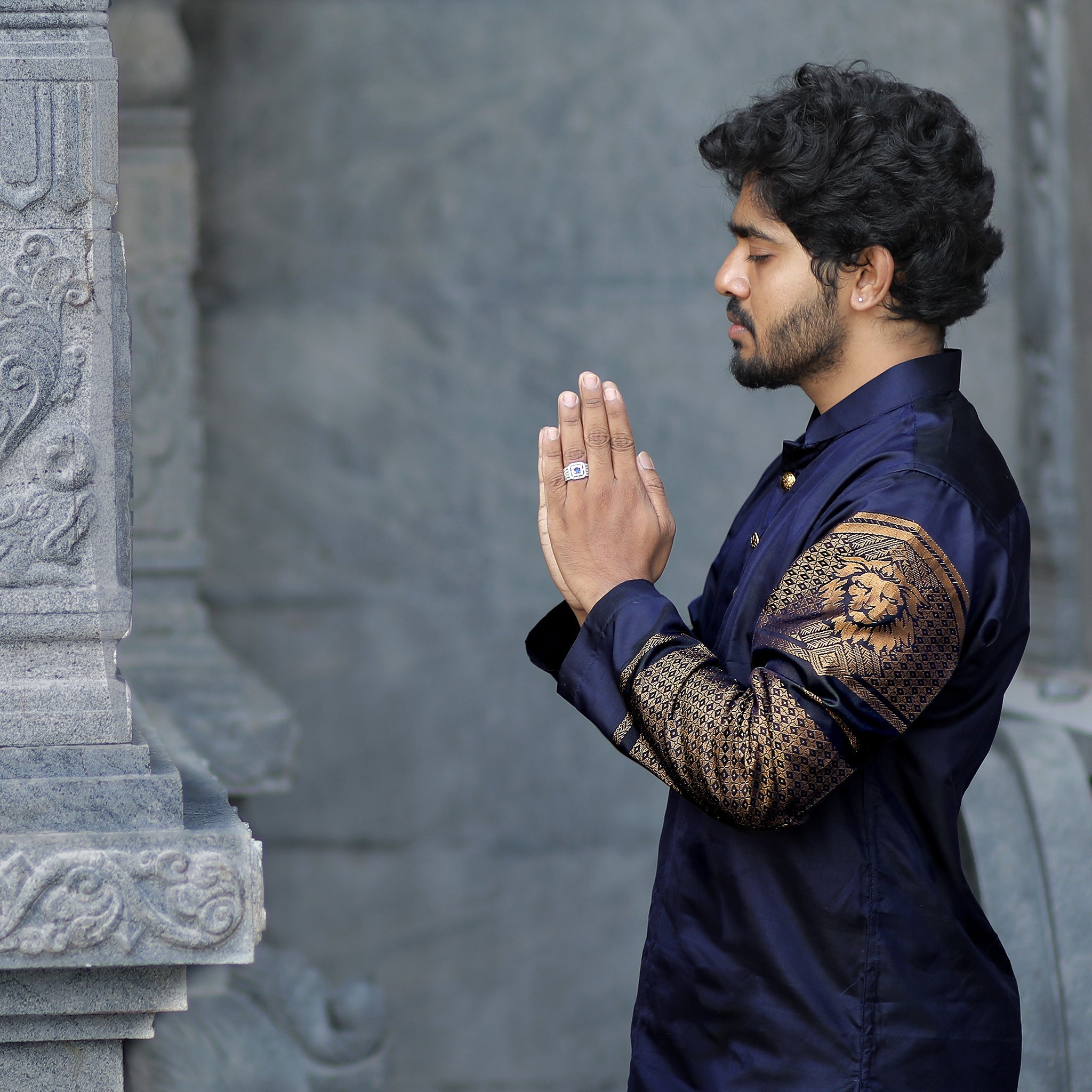 Leo zodiac embroidered silk kurta handloom blue Mulberry silk kurta with golden zari Roman style handloom silk kurta with German golden zari