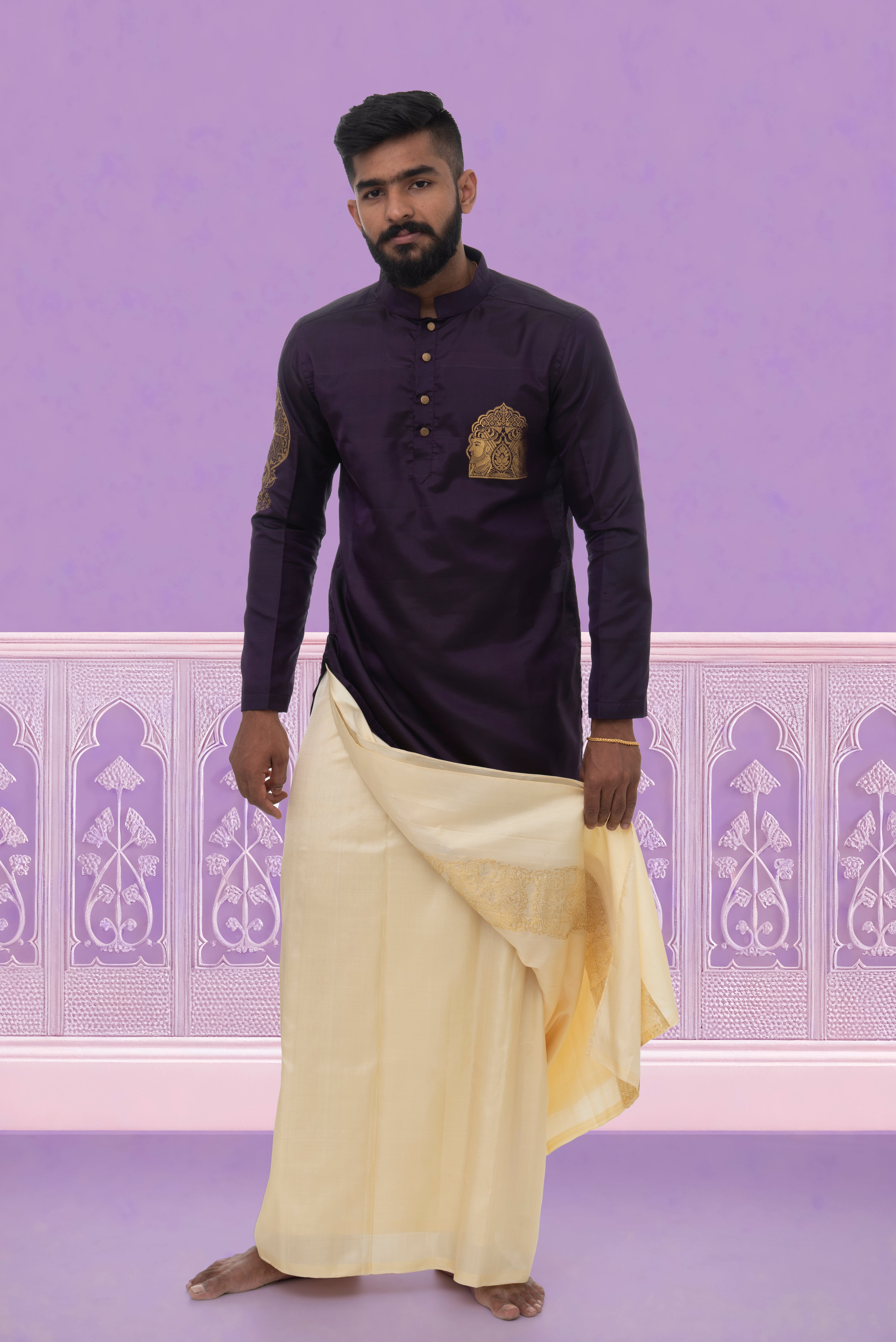 Gemini zodiac embroidered silk kurta handloom purple Mulberry silk kurta with golden zari Mughal style handloom silk kurta with German golden zari front view with dhoti