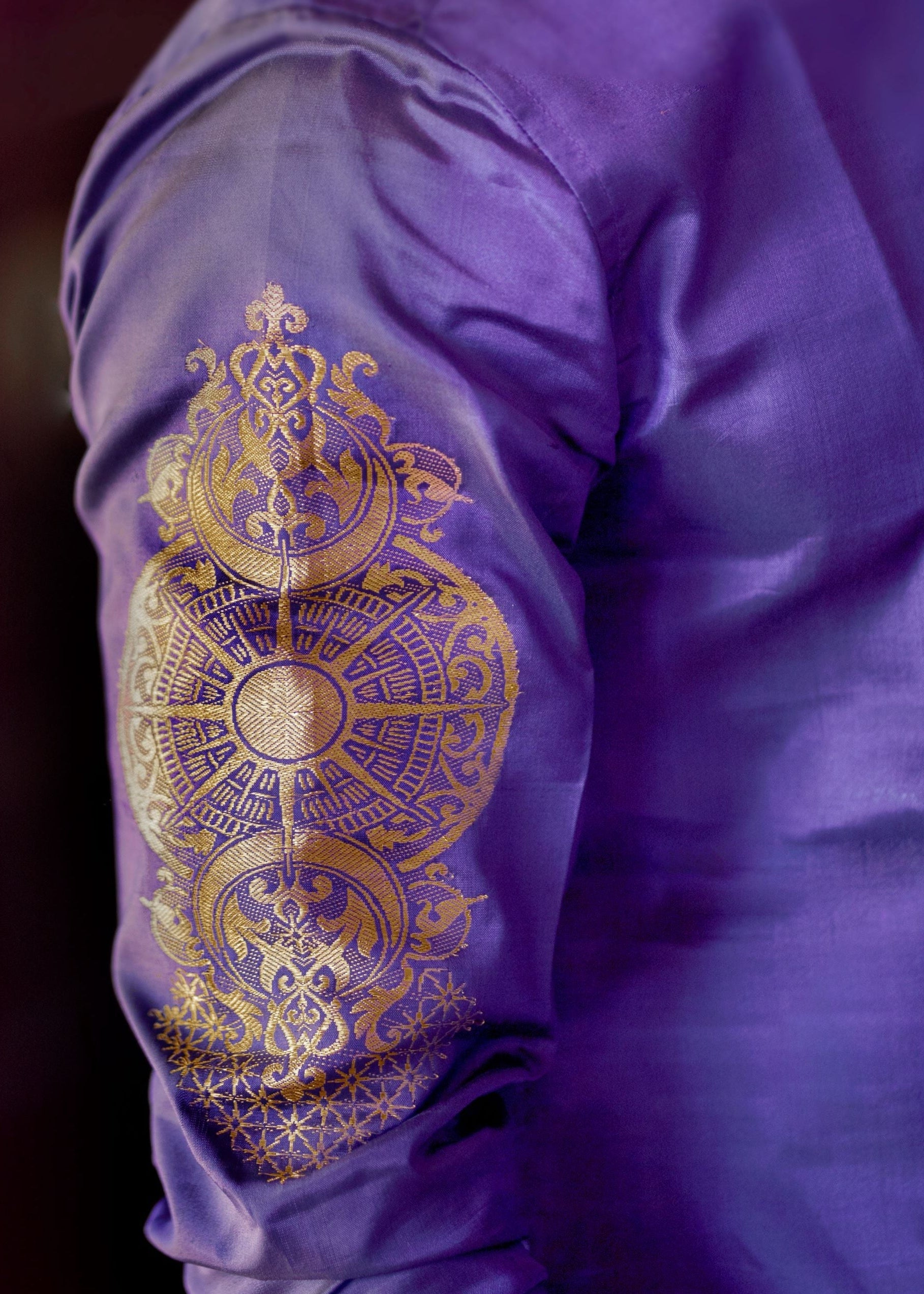 Pisces zodiac embroidered silk kurta handloom purple Mulberry silk kurta with golden zari Mughal style handloom silk kurta with German golden zari side closeup view