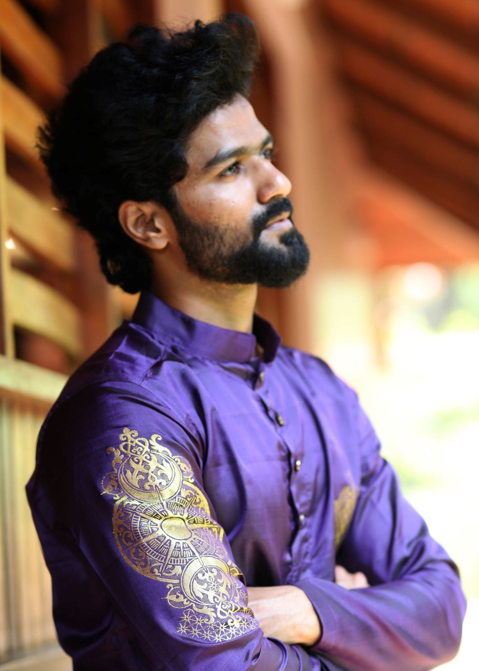 Sagittarius zodiac embroidered silk kurta handloom purple Mulberry silk kurta with golden zari Mughal style handloom silk kurta with German golden zari sideup view