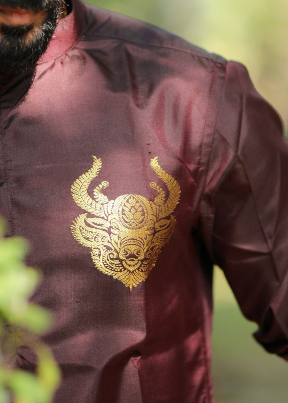 Taurus zodiac embroidered silk kurta handloom Maroon Mulberry silk kurta with golden zari Mughal style handloom silk kurta with German golden zari closeup view
