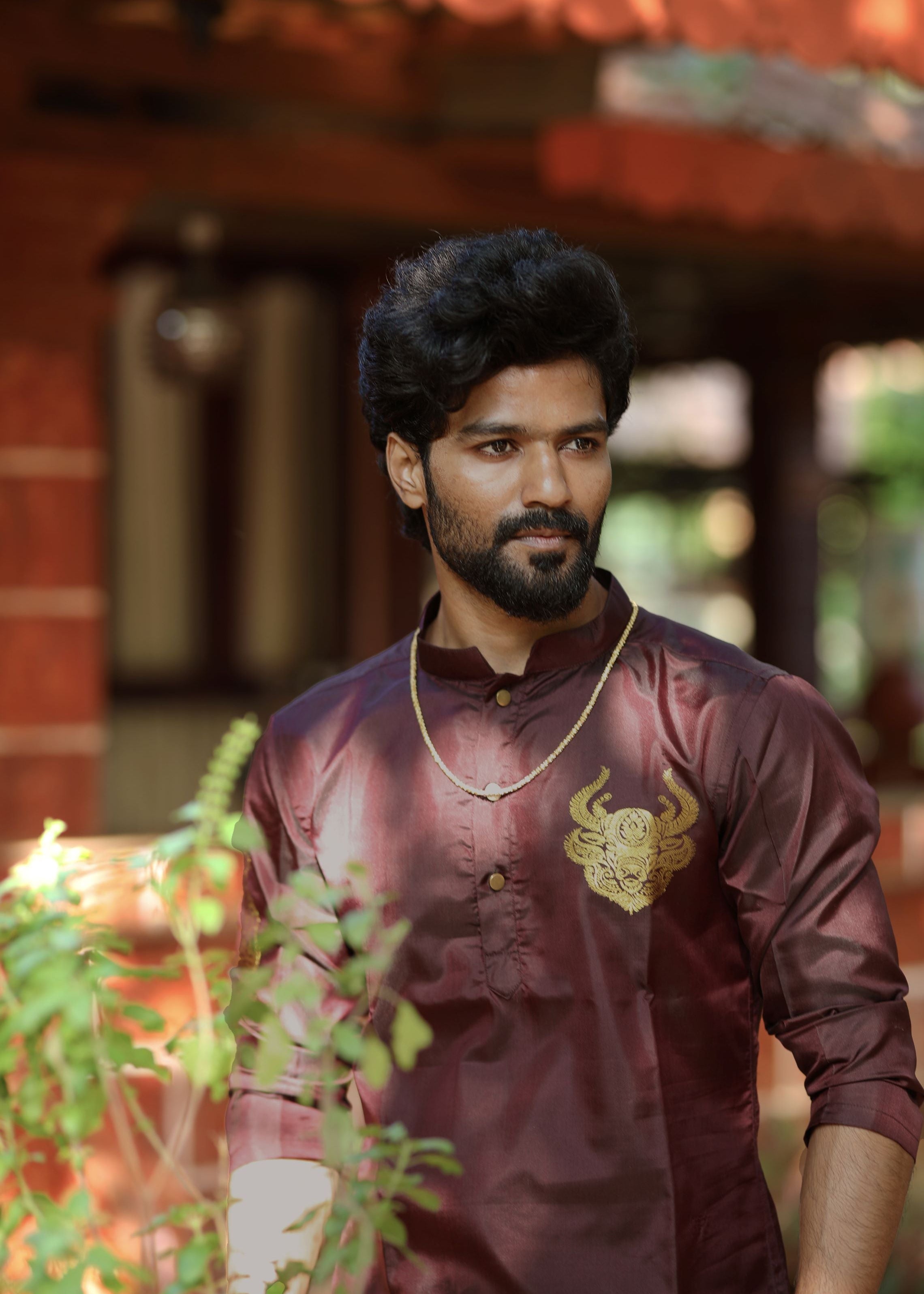 Taurus zodiac embroidered silk kurta handloom Maroon Mulberry silk kurta with golden zari Mughal style handloom silk kurta with German golden zari