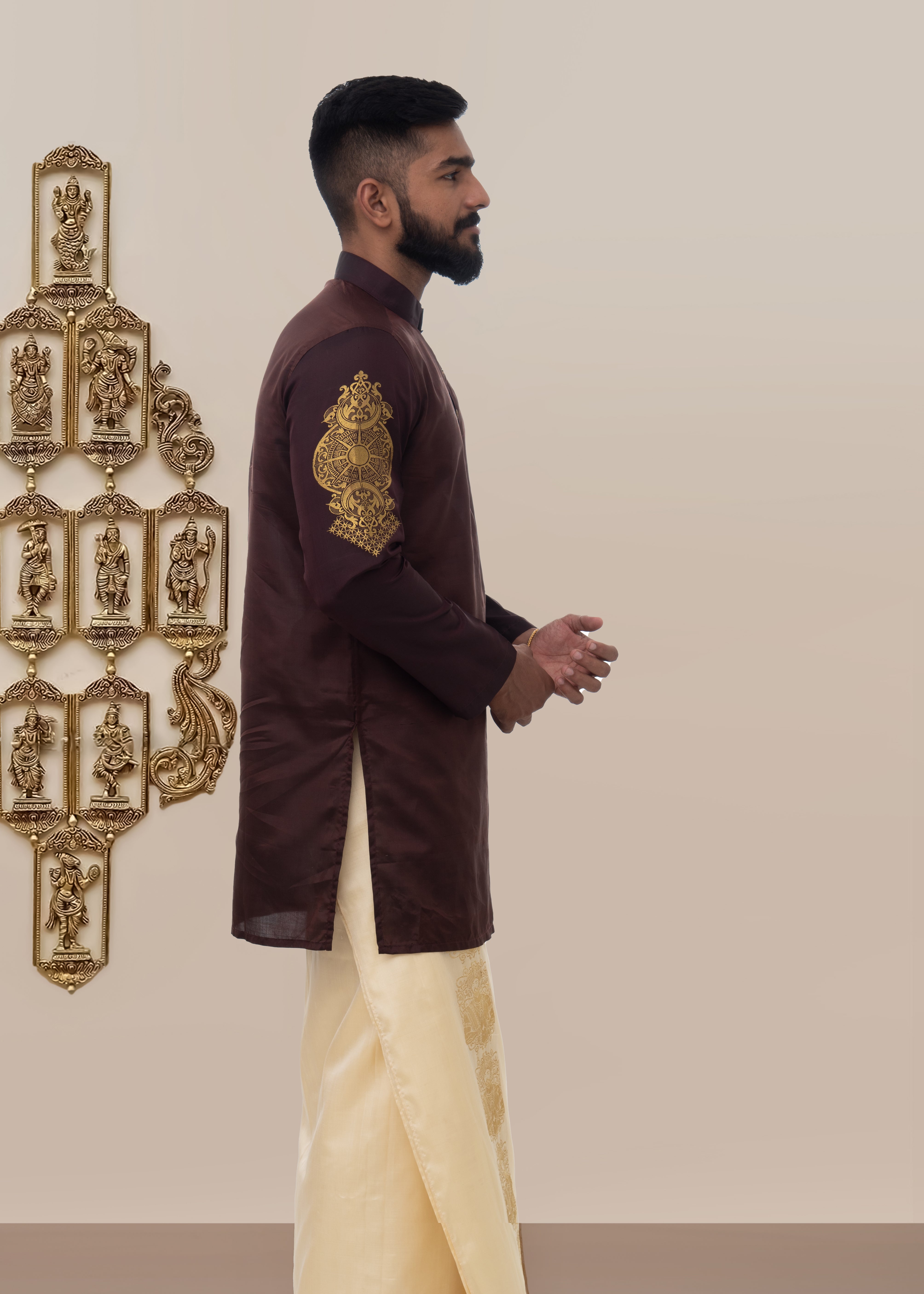 Aries zodiac embroidered silk kurta handloom maroon Mulberry silk kurta with golden zari Mughal style handloom silk kurta with German golden zari side view close up