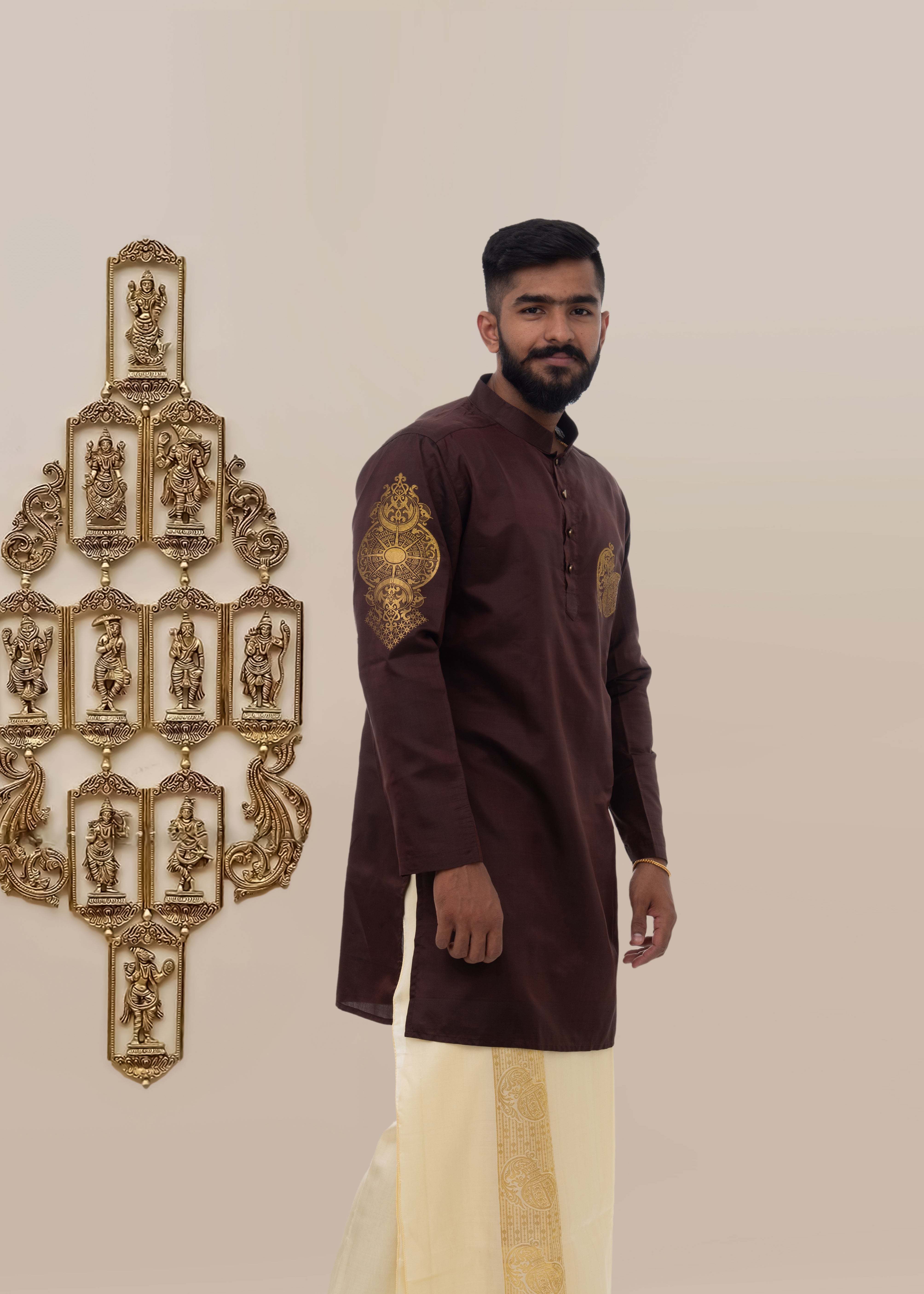 Aries zodiac embroidered silk kurta handloom maroon Mulberry silk kurta with golden zari Mughal style handloom silk kurta with German golden zari both the design view