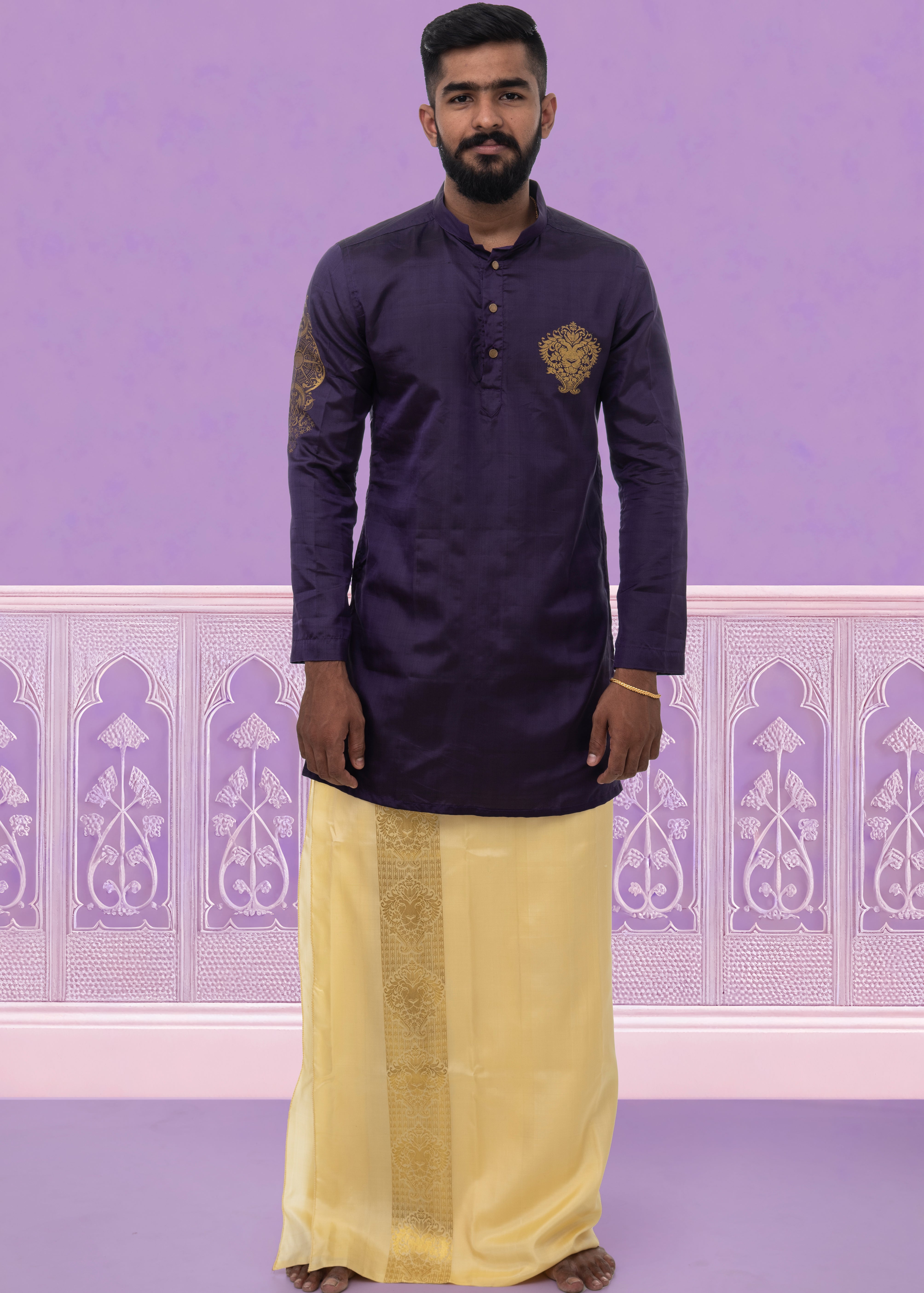 Leo zodiac embroidered silk kurta handloom purple Mulberry silk kurta with golden zari Mughal style handloom silk kurta with German golden zari front view