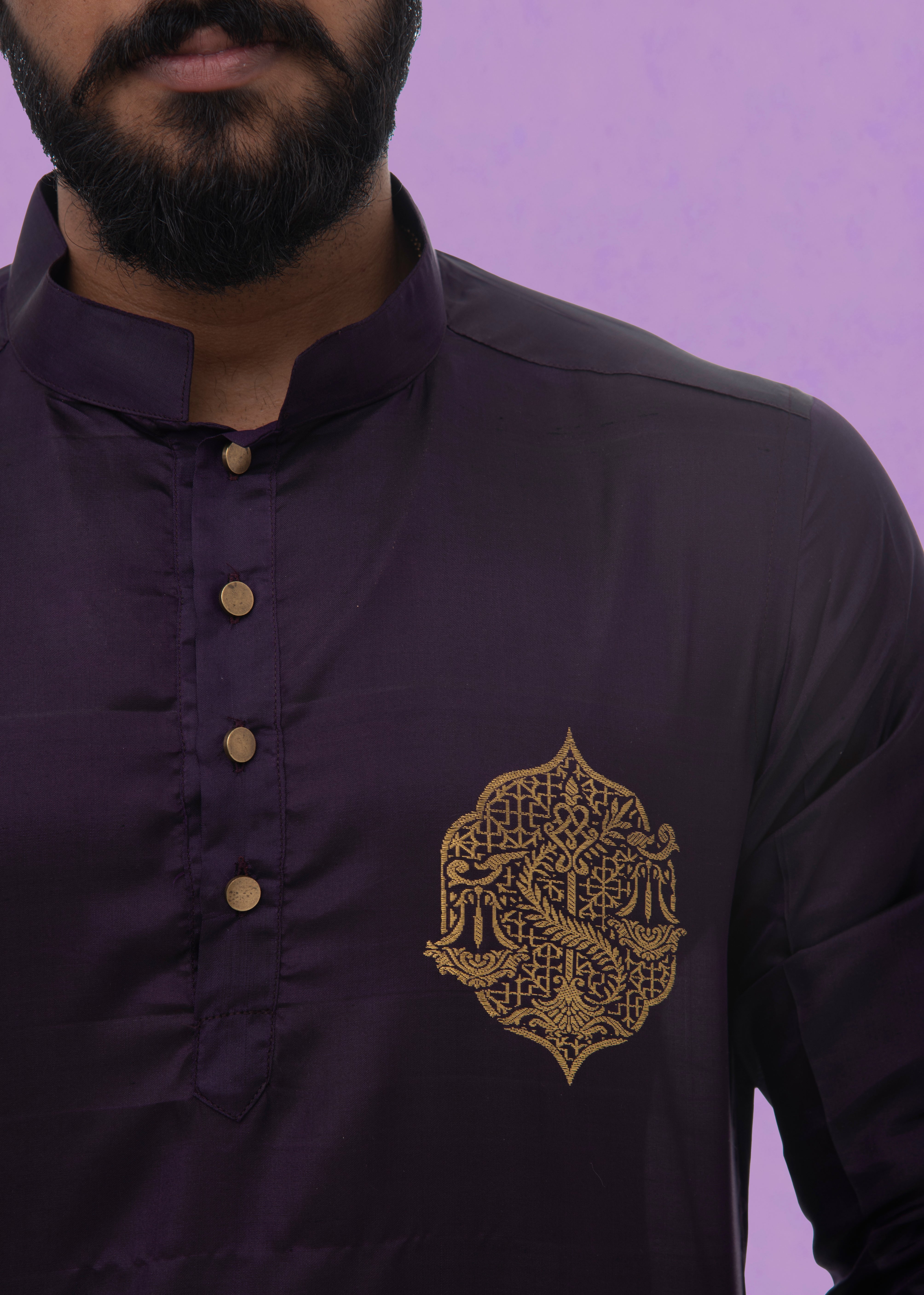 Libra zodiac embroidered silk kurta handloom purple Mulberry silk kurta with golden zari Mughal style handloom silk kurta with German golden zari closeup view