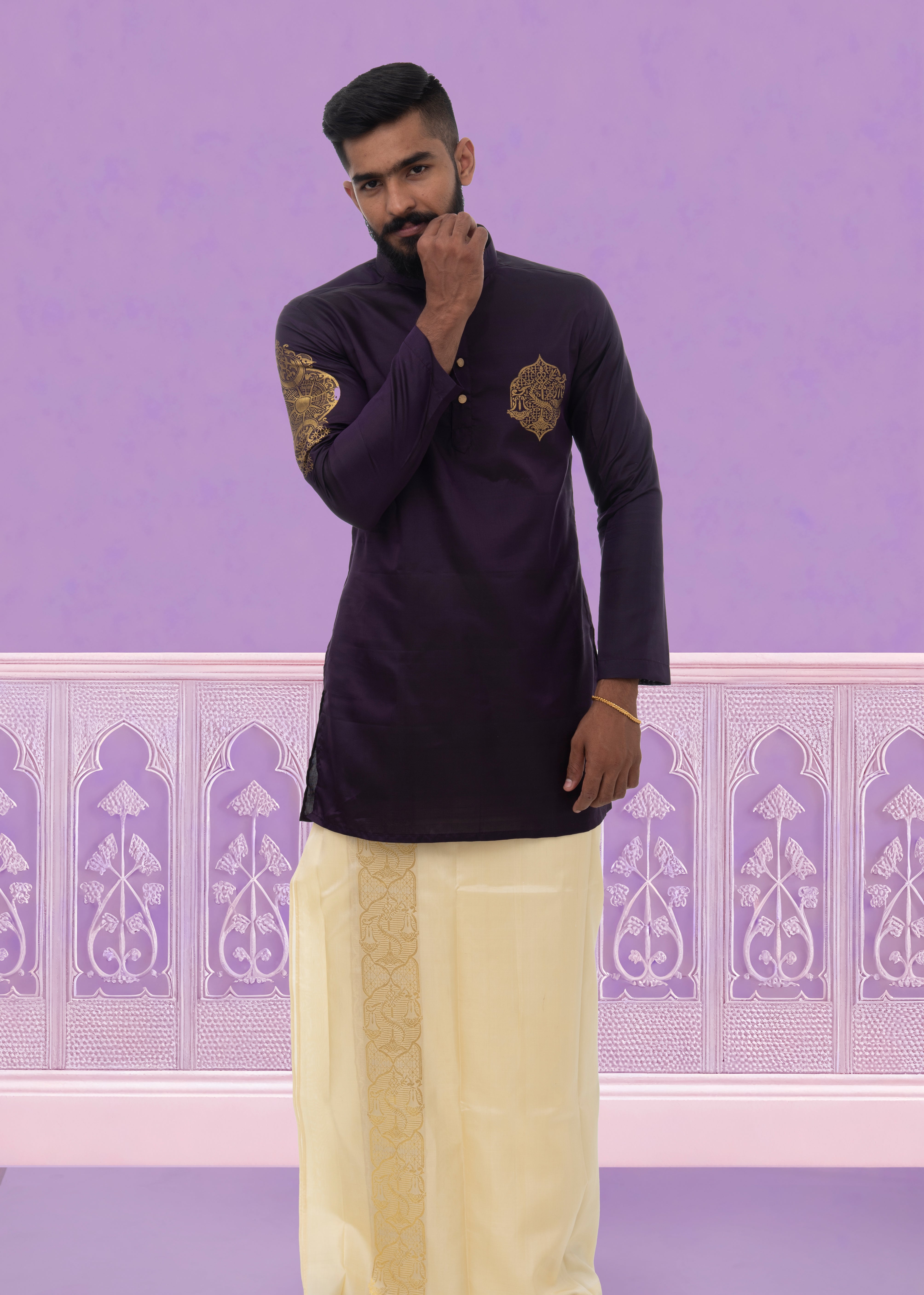 Libra zodiac embroidered silk kurta handloom purple Mulberry silk kurta with golden zari Mughal style handloom silk kurta with German golden zari