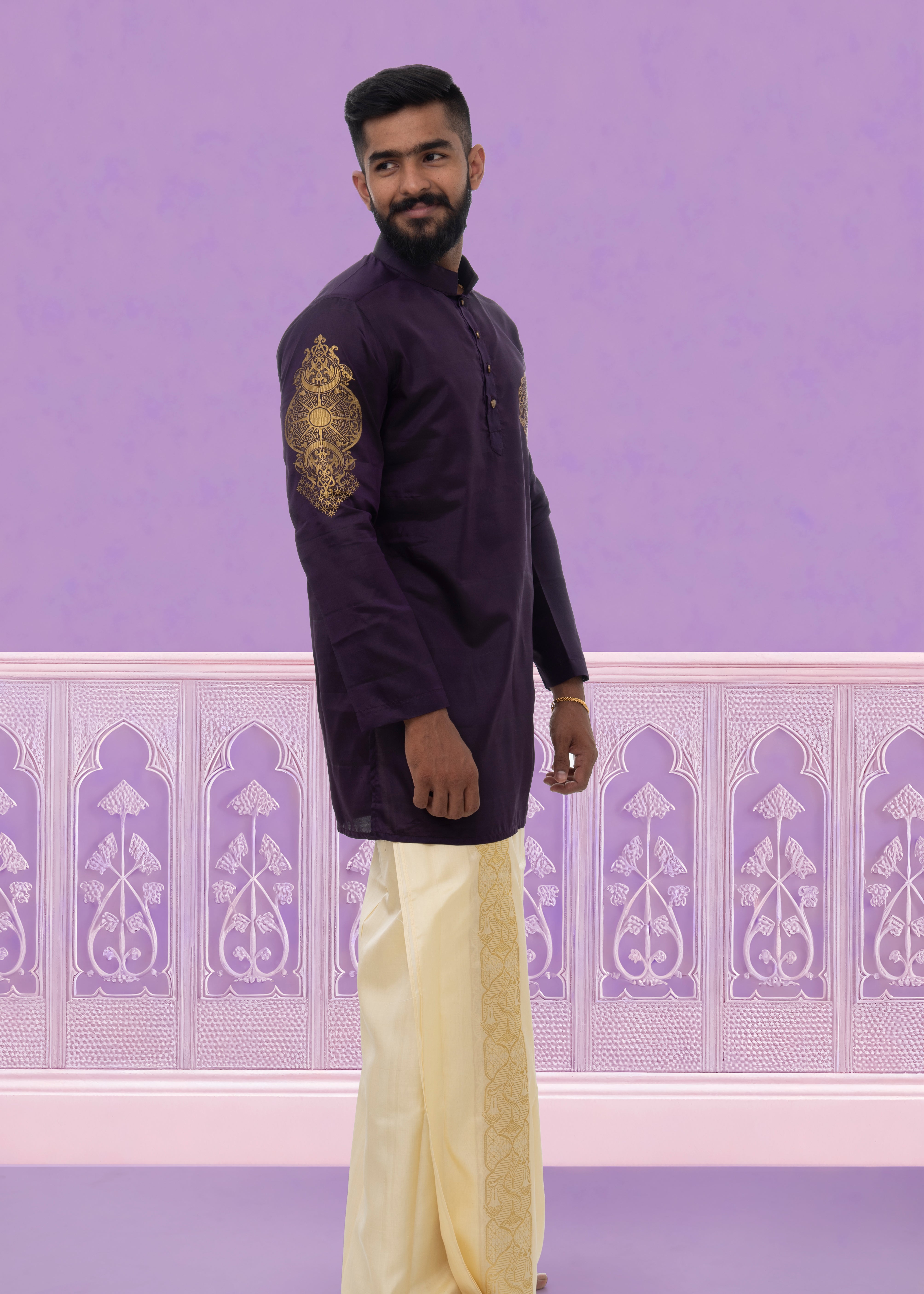 Libra zodiac embroidered silk kurta handloom purple Mulberry silk kurta with golden zari Mughal style handloom silk kurta with German golden zari side view