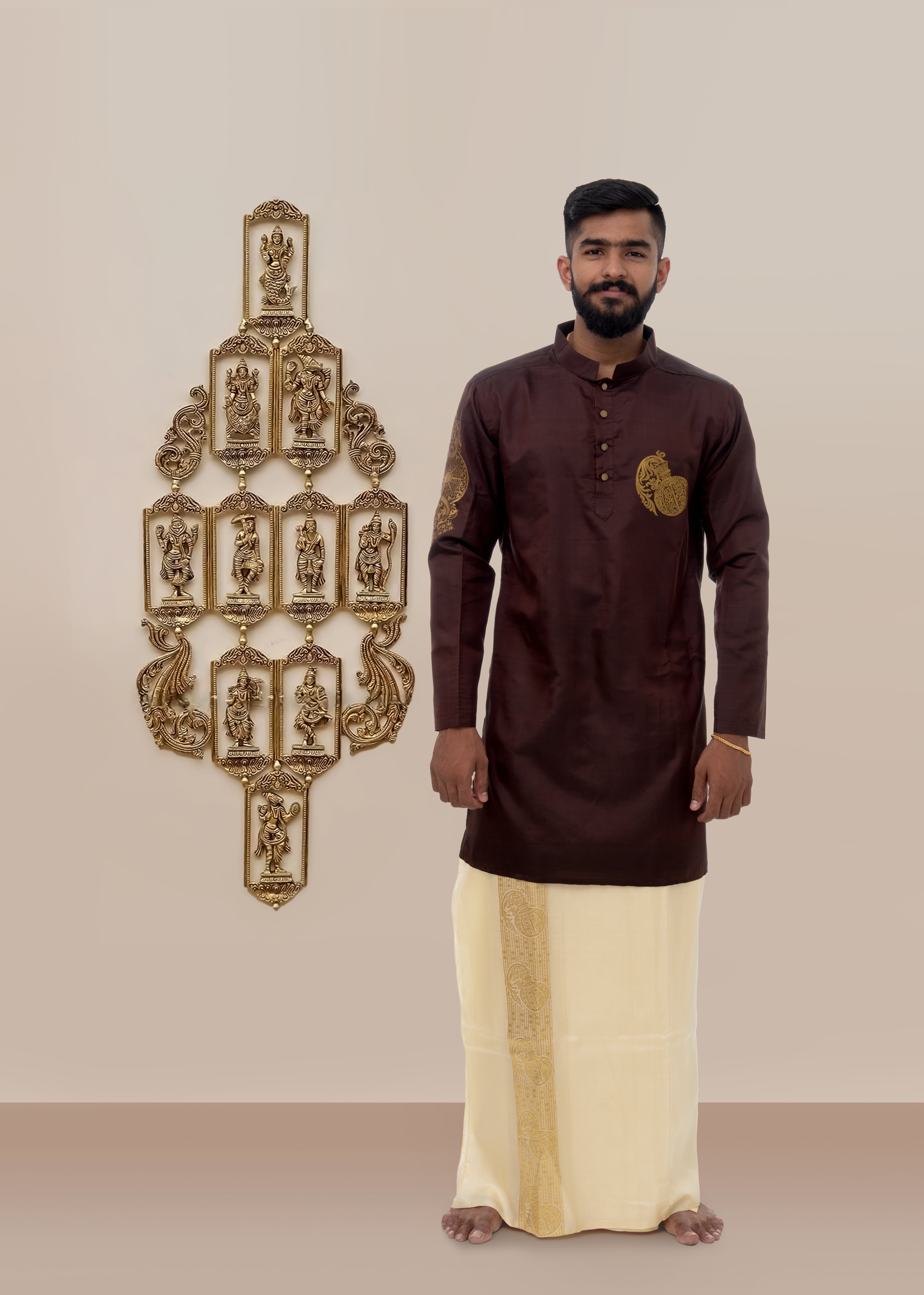 Aquarius zodiac embroidered silk kurta handloom maroon Mulberry silk kurta with golden zari Mughal style handloom silk kurta with German golden zari