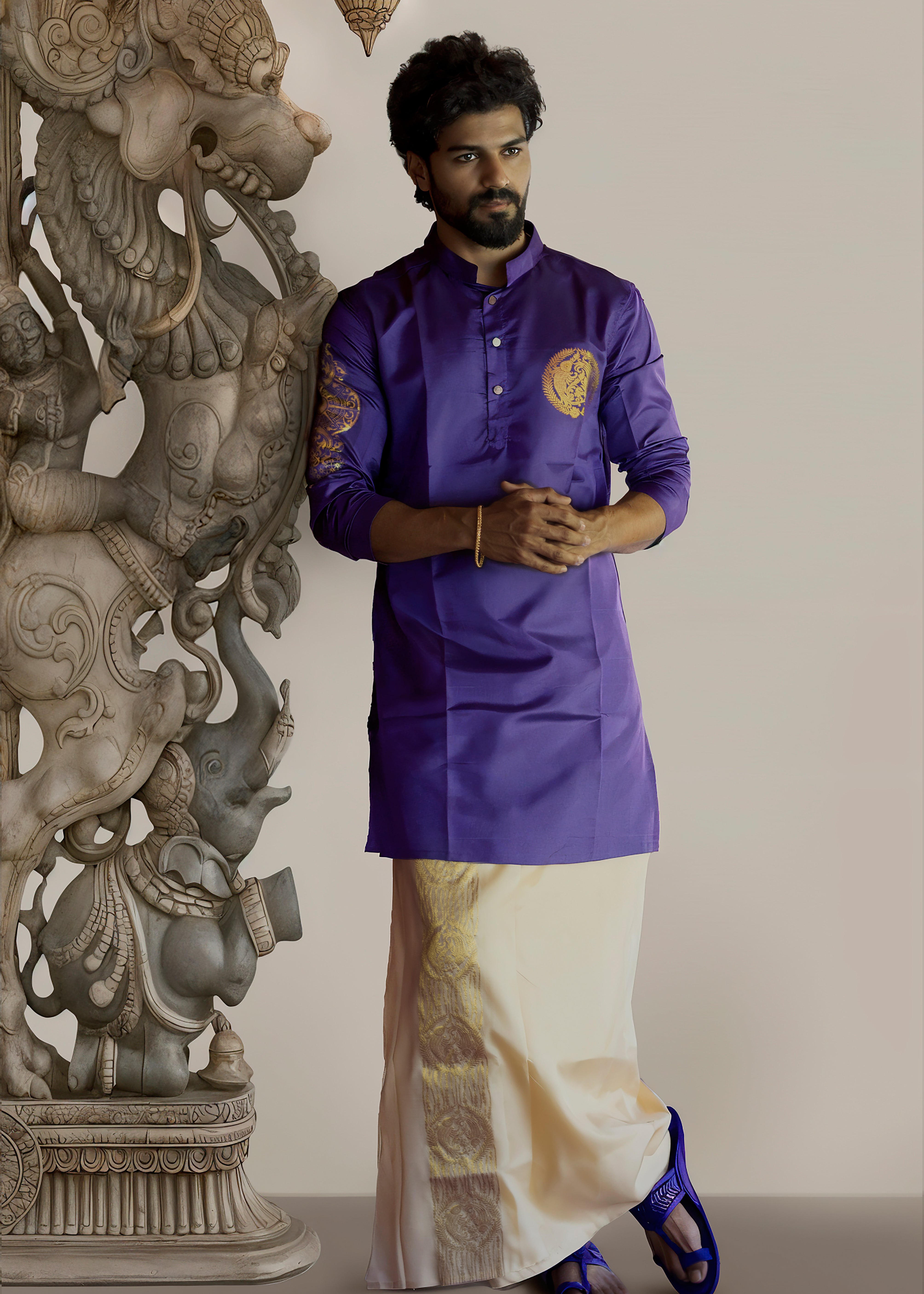 Pisces zodiac embroidered silk kurta handloom purple Mulberry silk kurta with golden zari Mughal style handloom silk kurta with German golden zari front full view