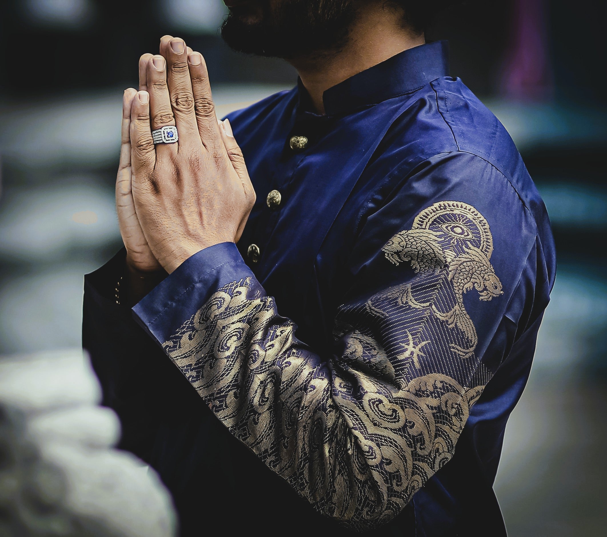 Pisces zodiac embroidered silk kurta handloom blue Mulberry silk kurta with golden zari Roman style handloom silk kurta with German golden zari