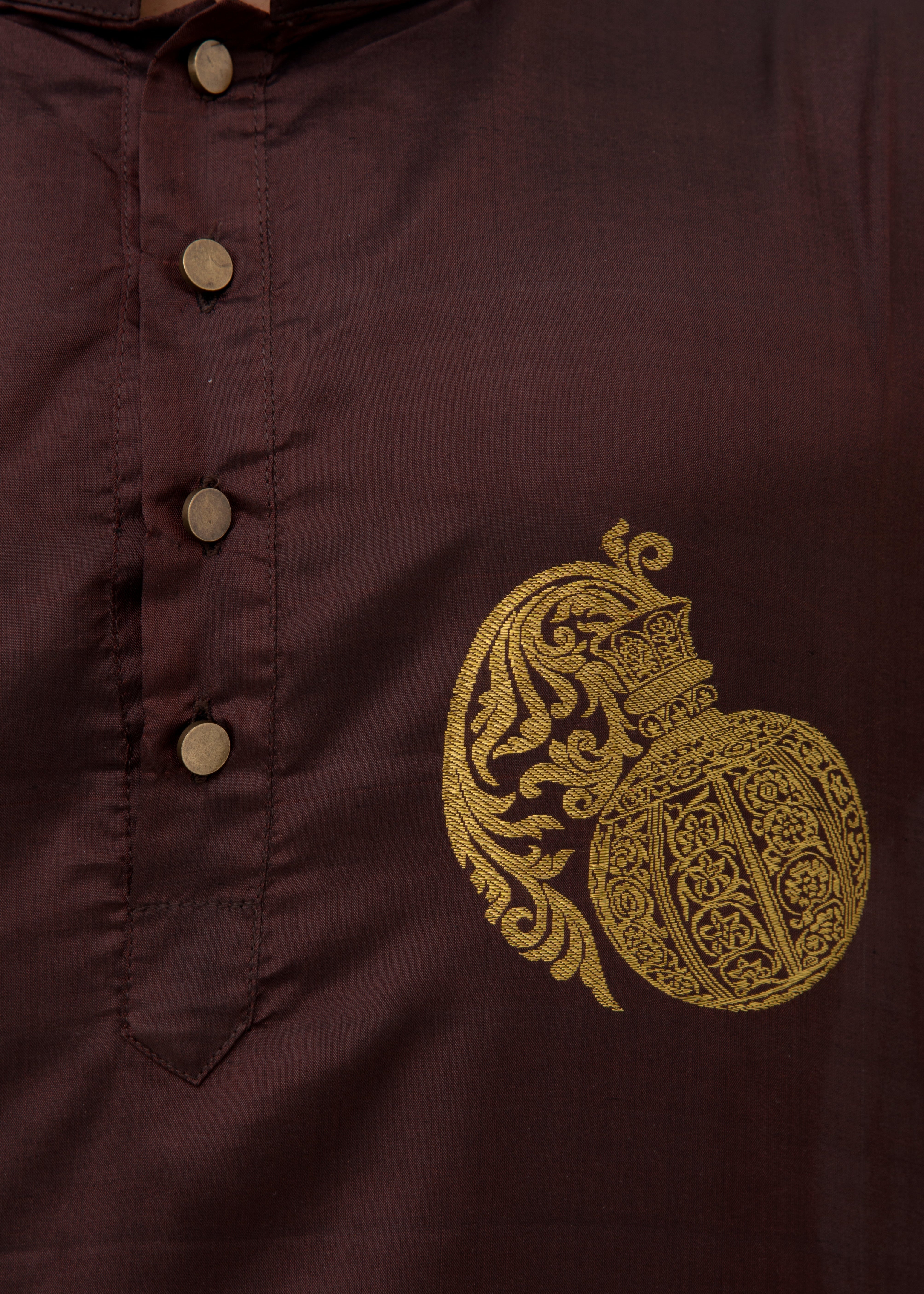 Aquarius zodiac embroidered silk kurta handloom maroon Mulberry silk kurta with golden zari Mughal style handloom silk kurta with German golden zari closeup view