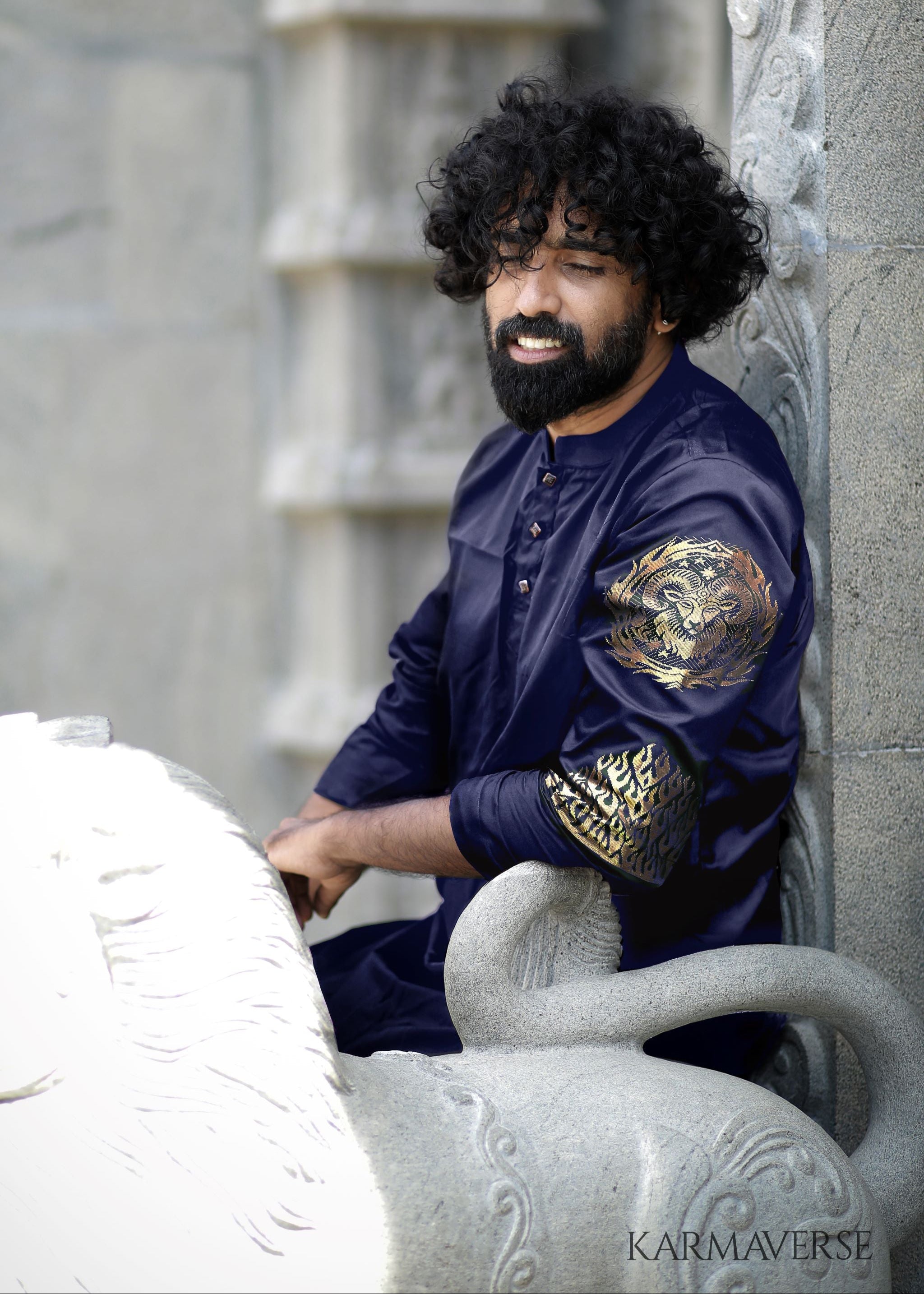 Aries zodiac embroidered silk kurta handloom blue Mulberry silk kurta with golden zari Roman style handloom silk kurta with German golden zari 