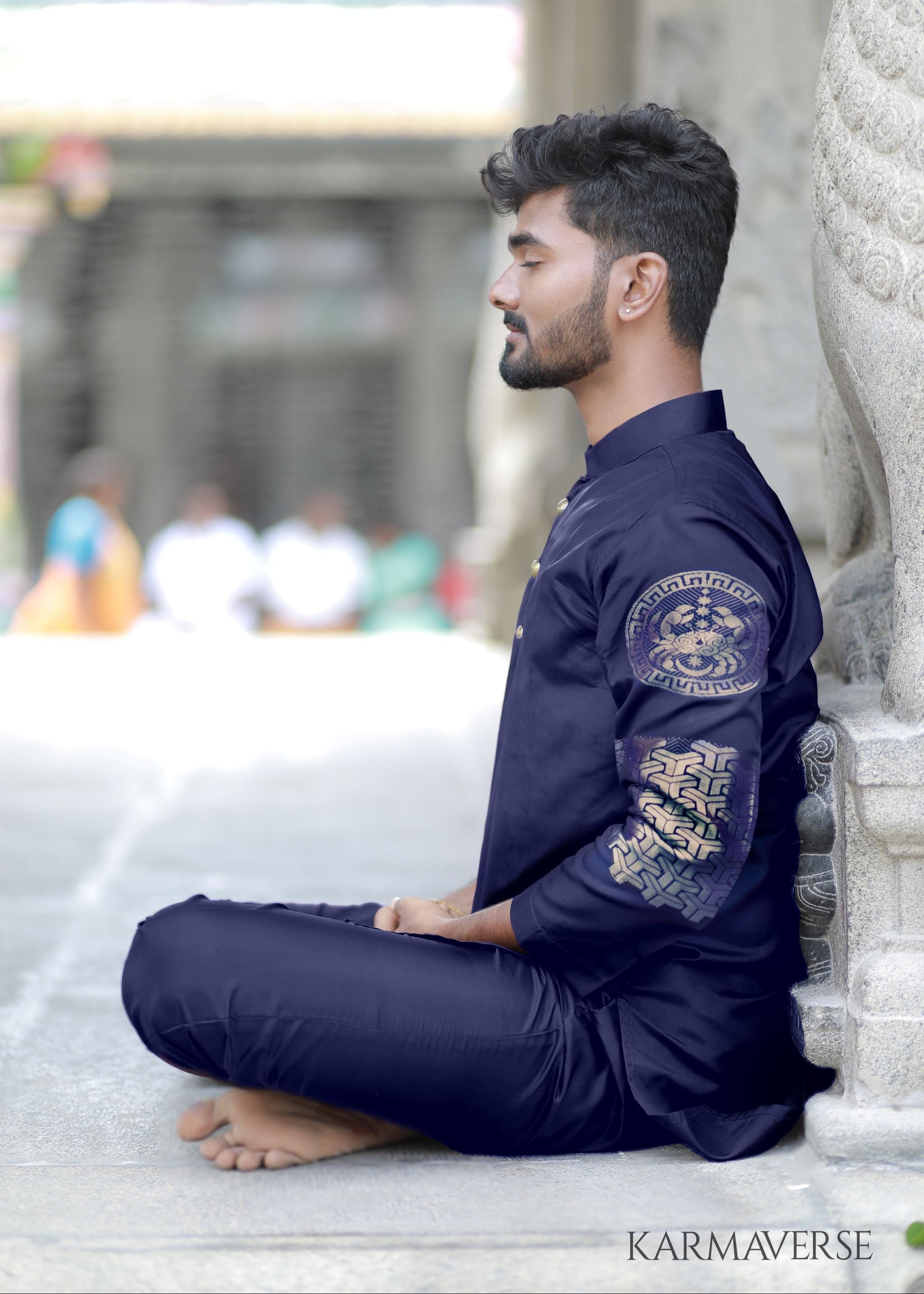 Cancer zodiac embroidered silk kurta handloom blue Mulberry silk kurta with golden zari Roman style handloom silk kurta with German golden zari 