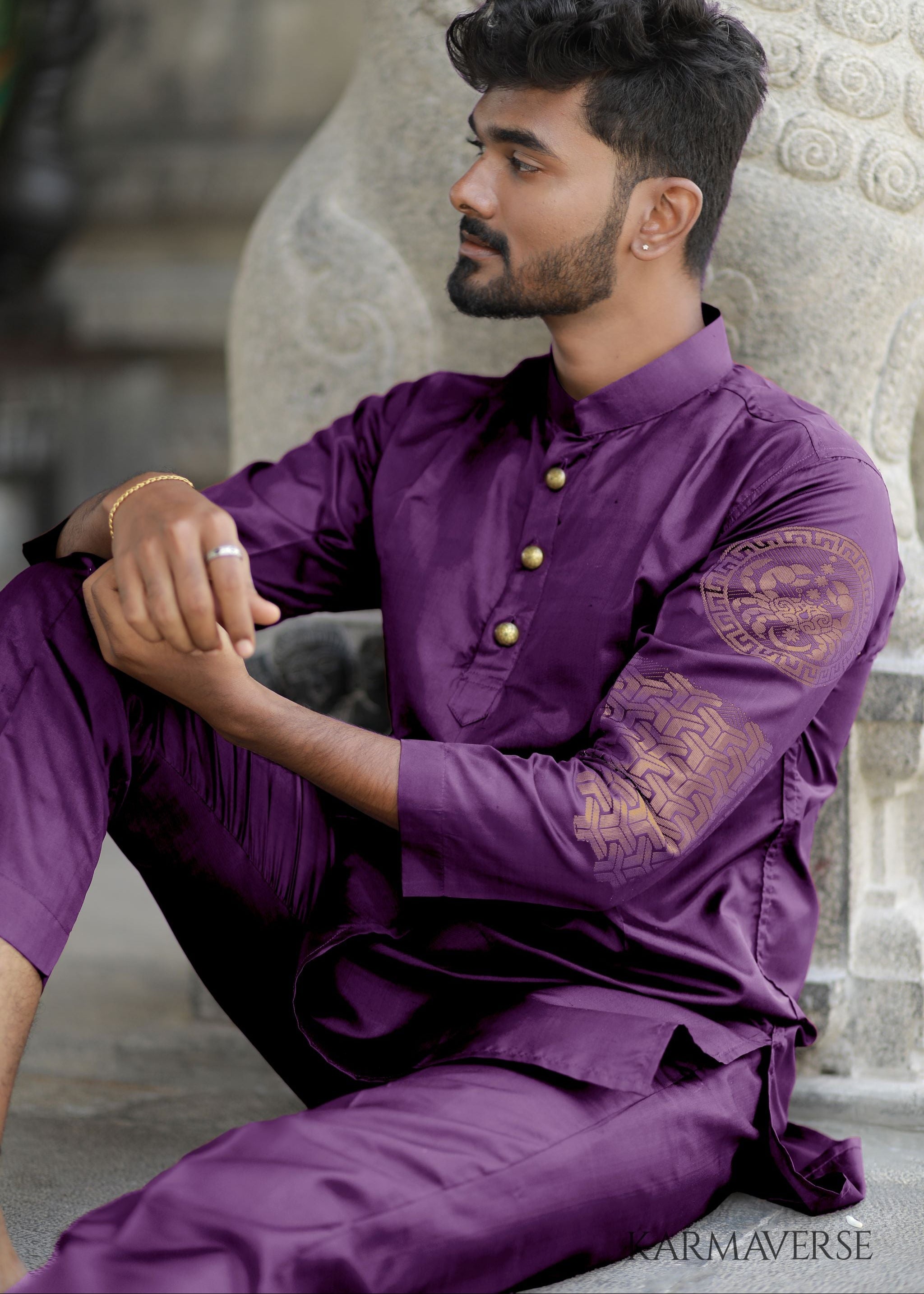 Cancer zodiac embroidered silk kurta handloom purple Mulberry silk kurta with golden zari Roman style handloom silk kurta with German golden zari 
