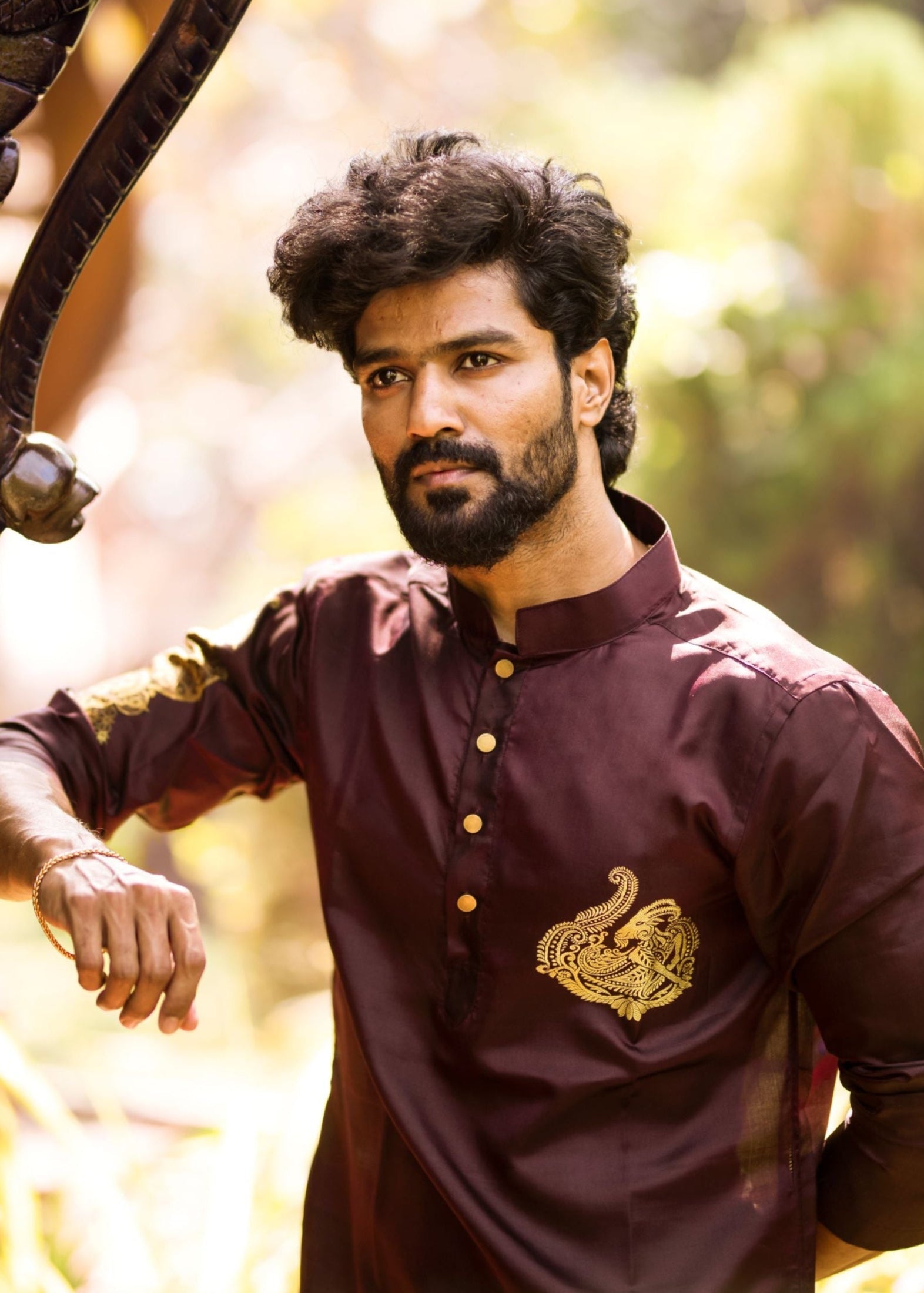 Capricorn zodiac embroidered silk kurta handloom maroon Mulberry silk kurta with golden zari Mughal style handloom silk kurta with German golden zari 