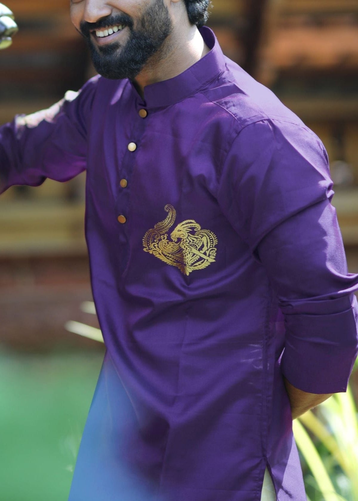 Capricorn zodiac embroidered silk kurta handloom purple Mulberry silk kurta with golden zari Mughal style handloom silk kurta with German golden zari sideview