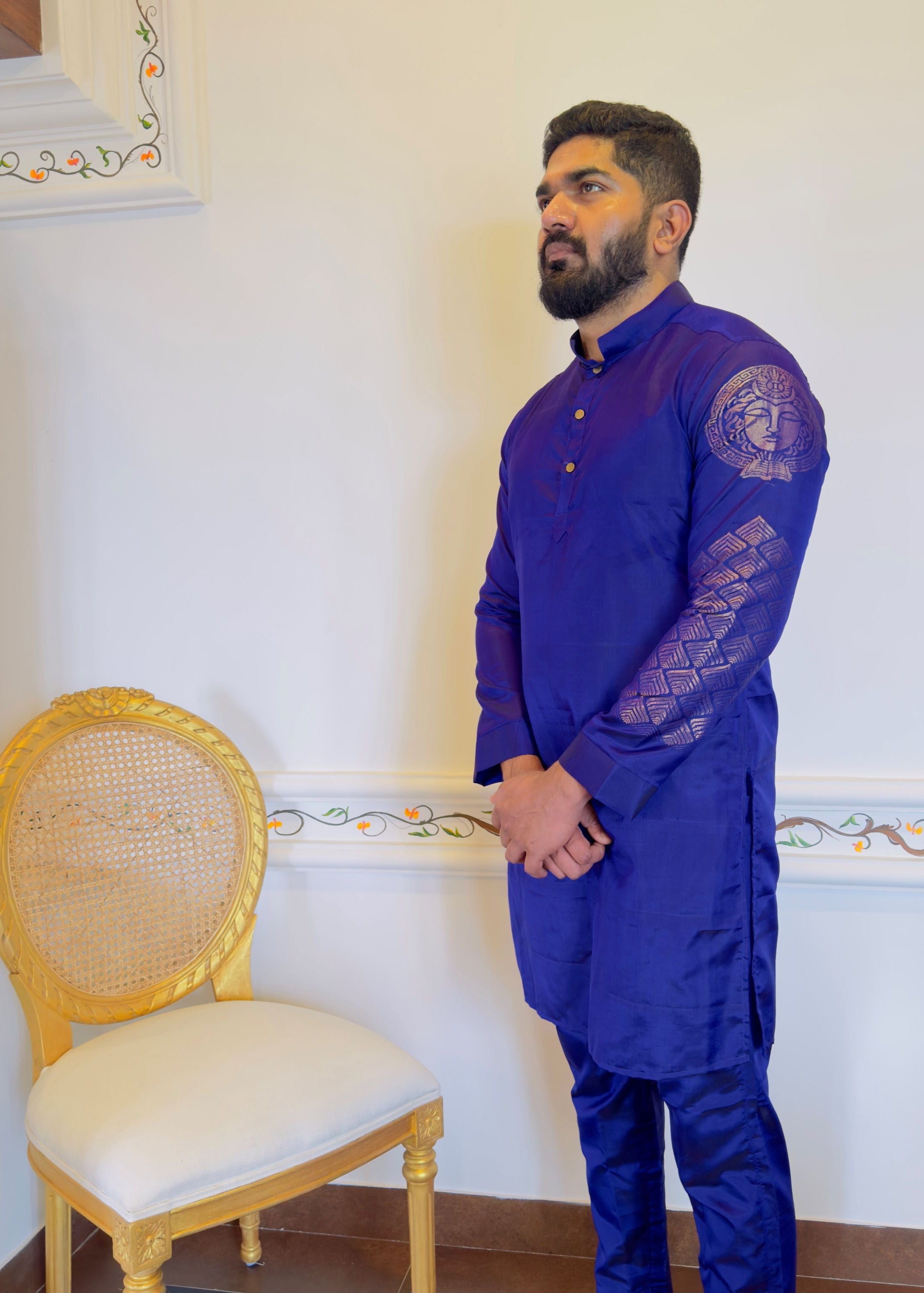 Gemini zodiac embroidered silk kurta handloom Purple Mulberry silk kurta with golden zari Roman style handloom silk kurta with German golden zari 