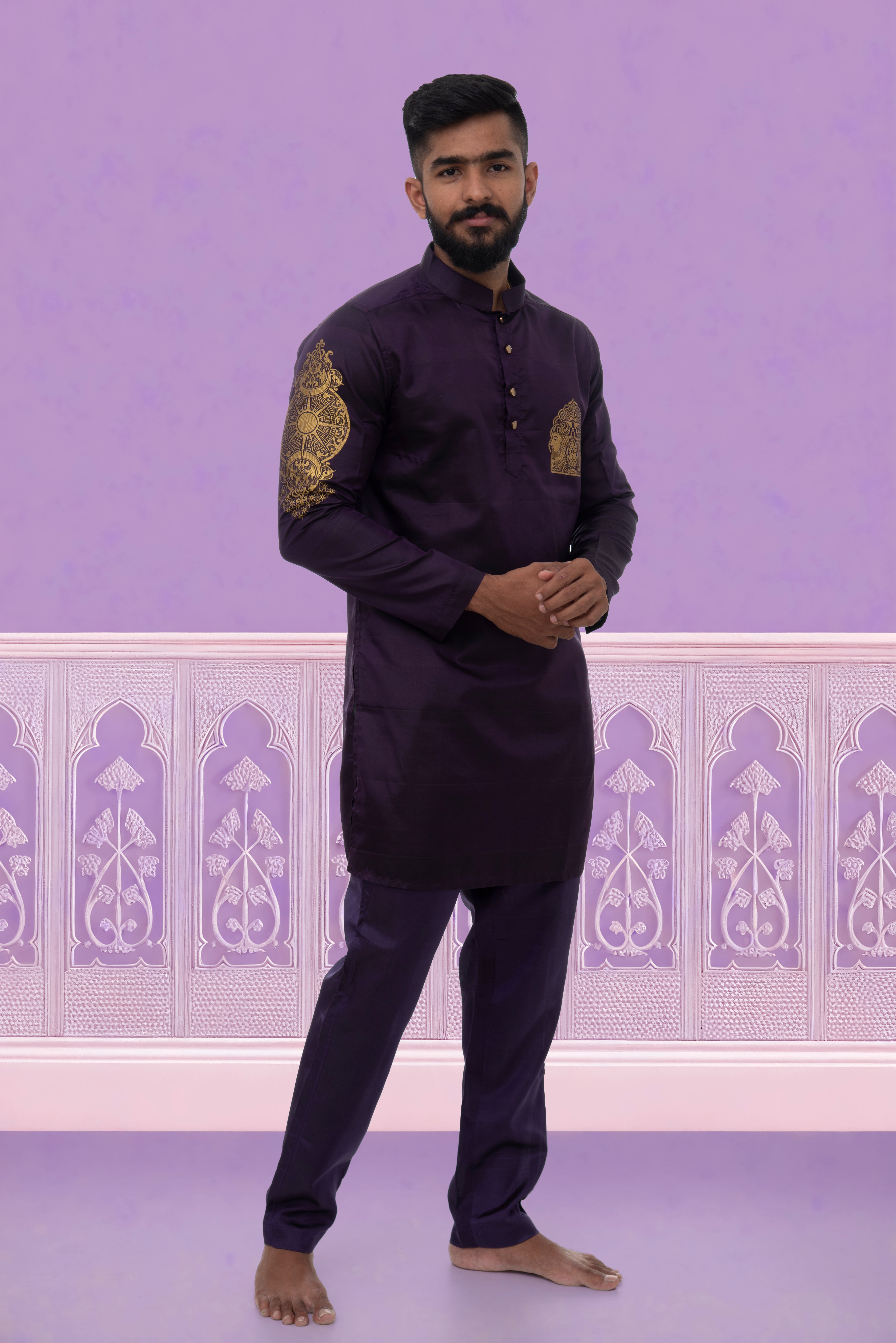 Gemini zodiac embroidered silk kurta handloom purple Mulberry silk kurta with golden zari Mughal style handloom silk kurta with German golden zari sideview pant