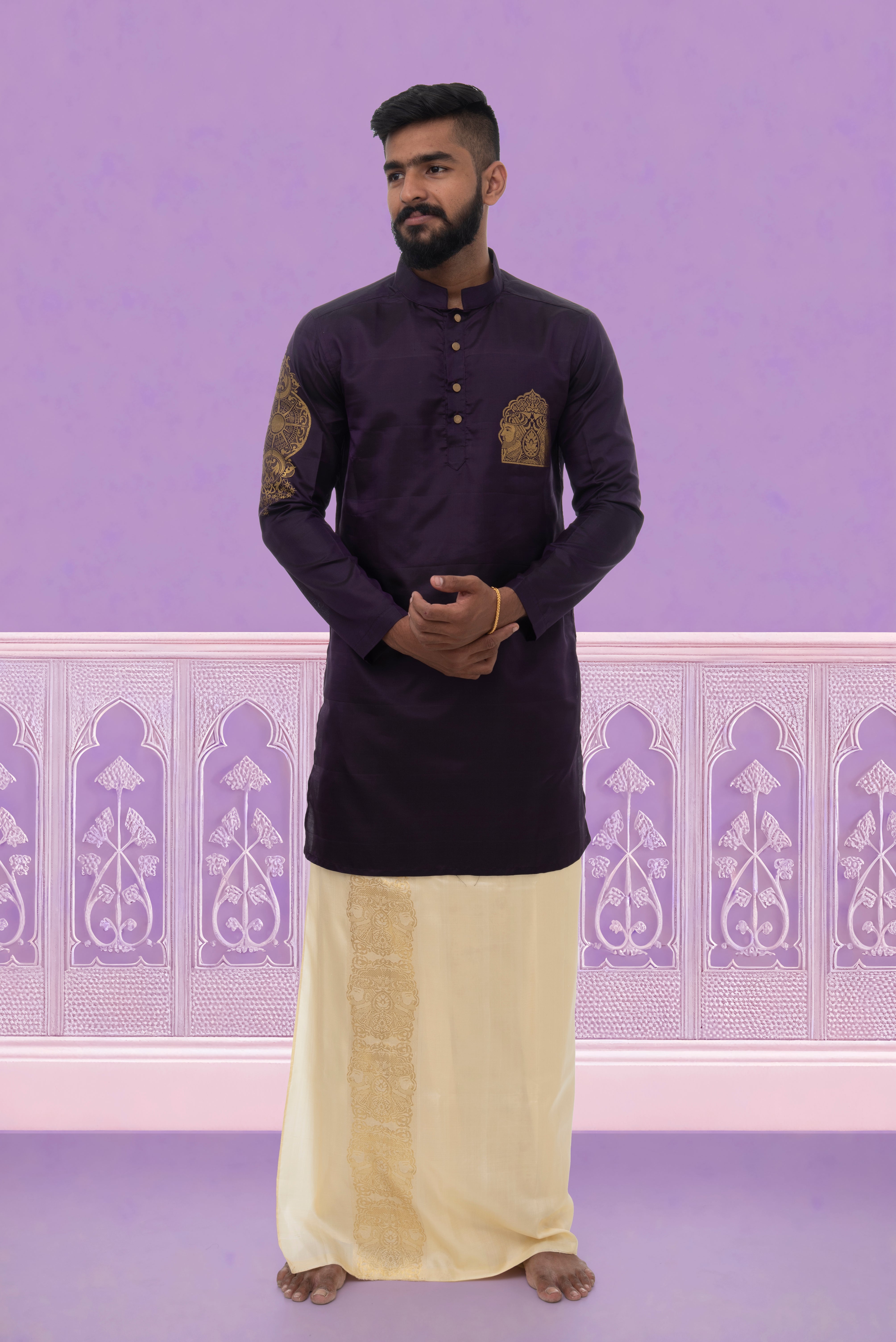 Gemini zodiac embroidered silk kurta handloom purple Mulberry silk kurta with golden zari Mughal style handloom silk kurta with German golden zari.