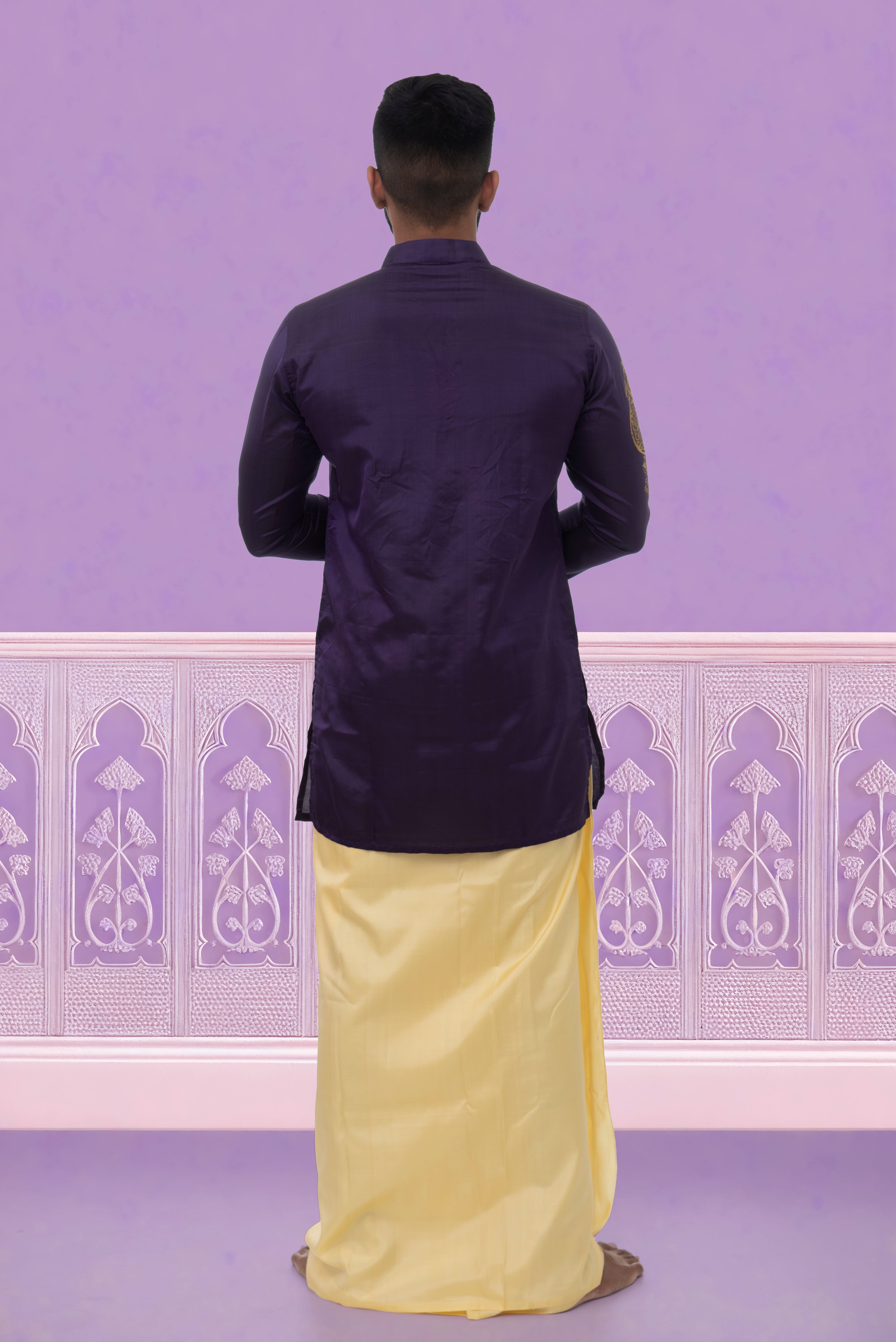 Libra zodiac embroidered silk kurta handloom purple Mulberry silk kurta with golden zari Mughal style handloom silk kurta with German golden zari  backside view