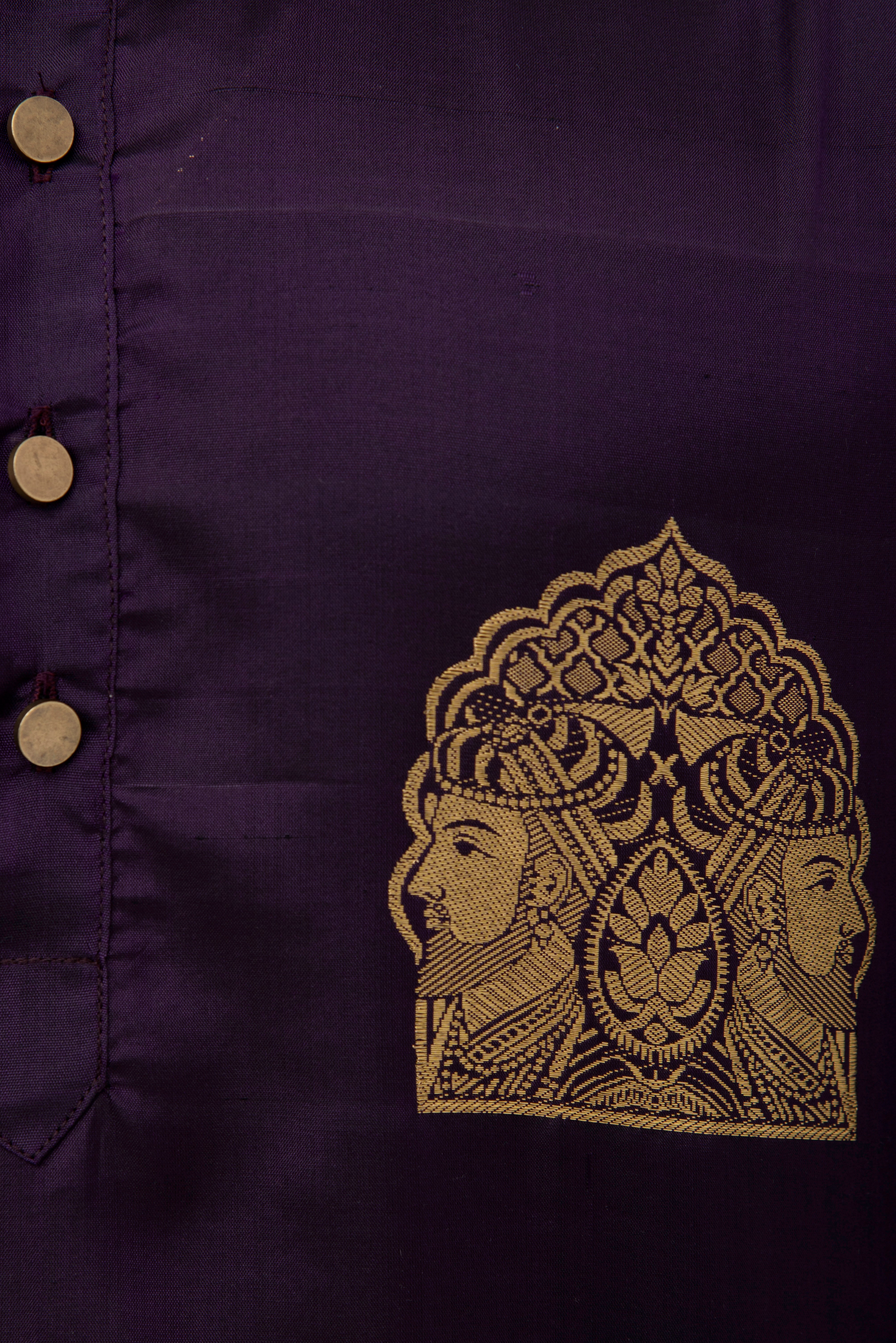 Gemini Mughal Zodiac Silk Kurta Mulbearry Silk handloom German Golden Zari Golden jari in purple colour closeup view