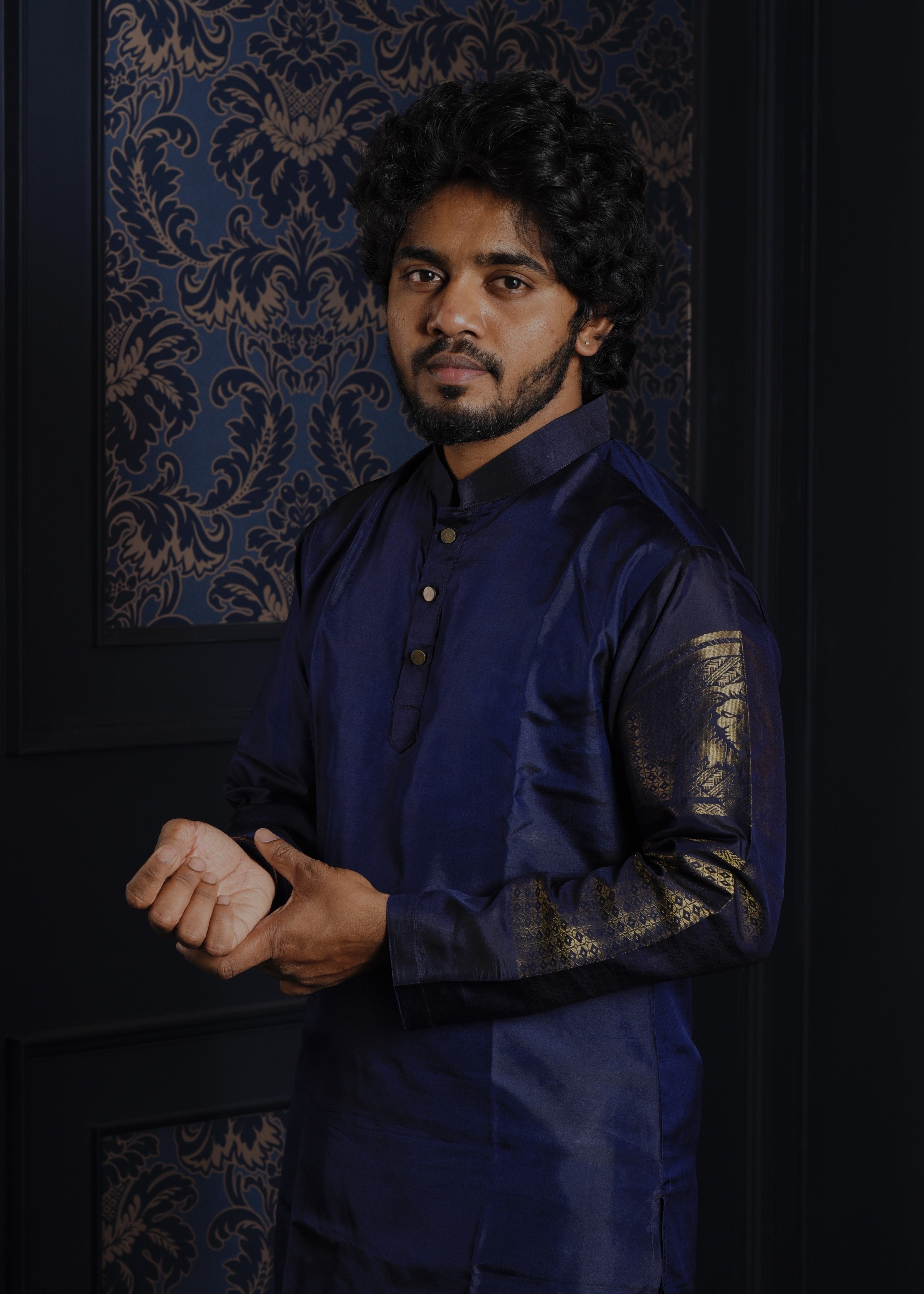 Leo zodiac embroidered silk kurta handloom blue Mulberry silk kurta with golden zari Roman style handloom silk kurta with German golden zari 