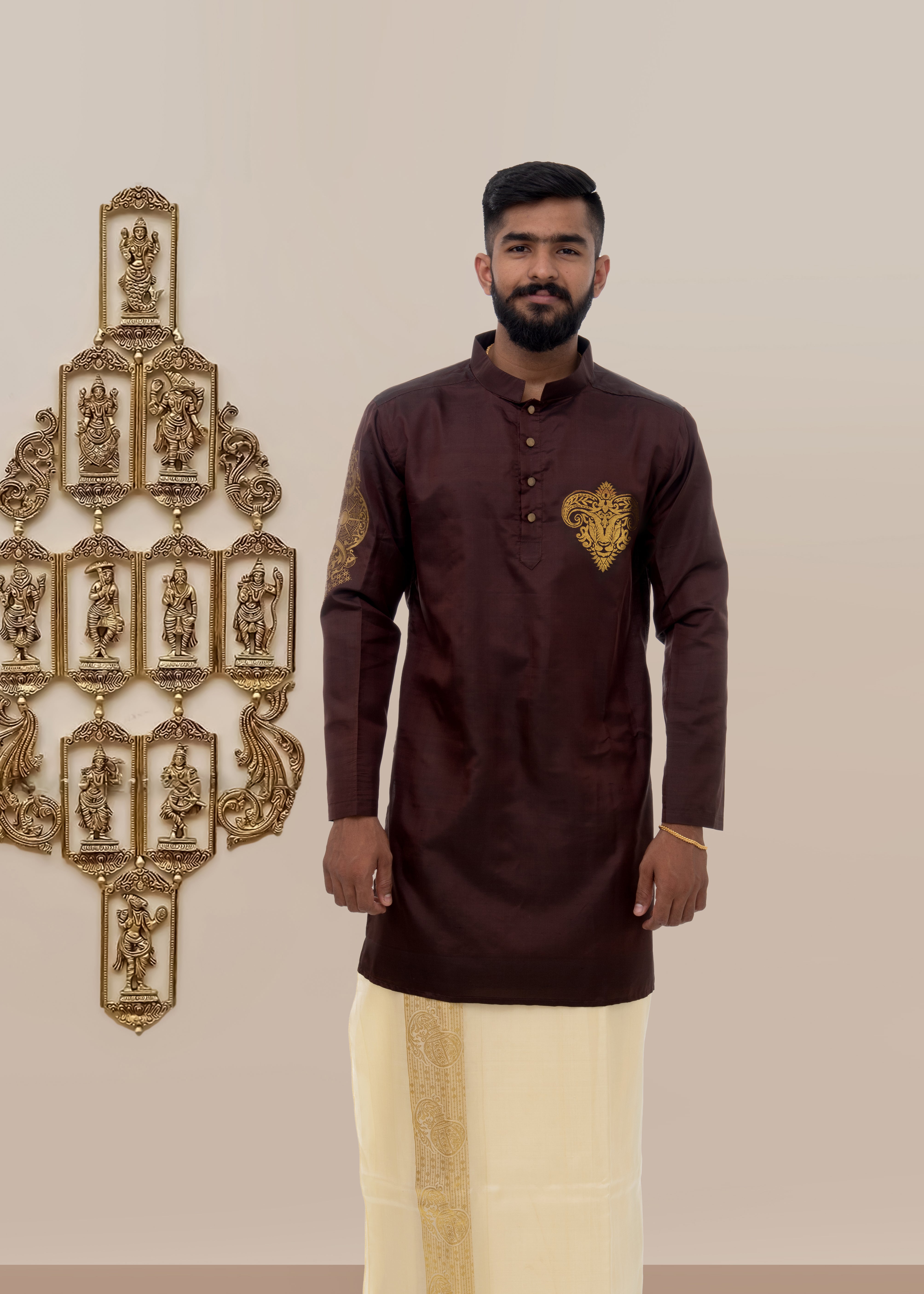 Aries zodiac embroidered silk kurta handloom maroon Mulberry silk kurta with golden zari Mughal style handloom silk kurta with German golden zari.