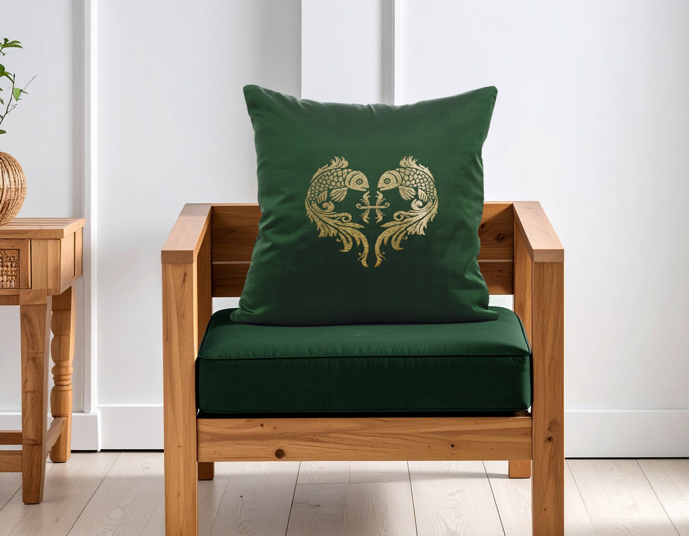 Green Pure Mulberry Silk Golden Zari Pisces Zodiac Cushion Cover Golden Pillow cover 