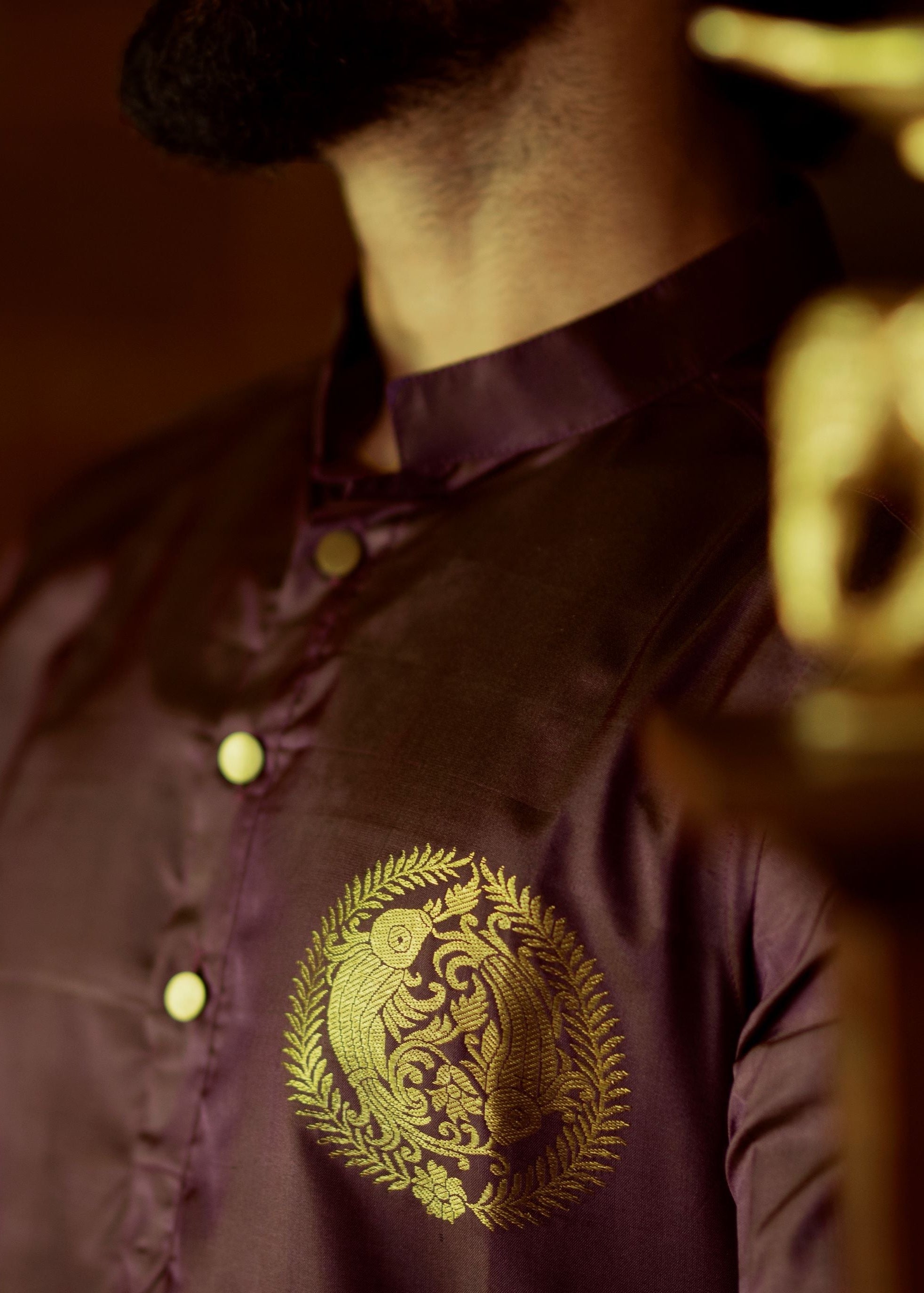 Pisces zodiac embroidered silk kurta handloom purple Mulberry silk kurta with golden zari Mughal style handloom silk kurta with German golden zari closeup view