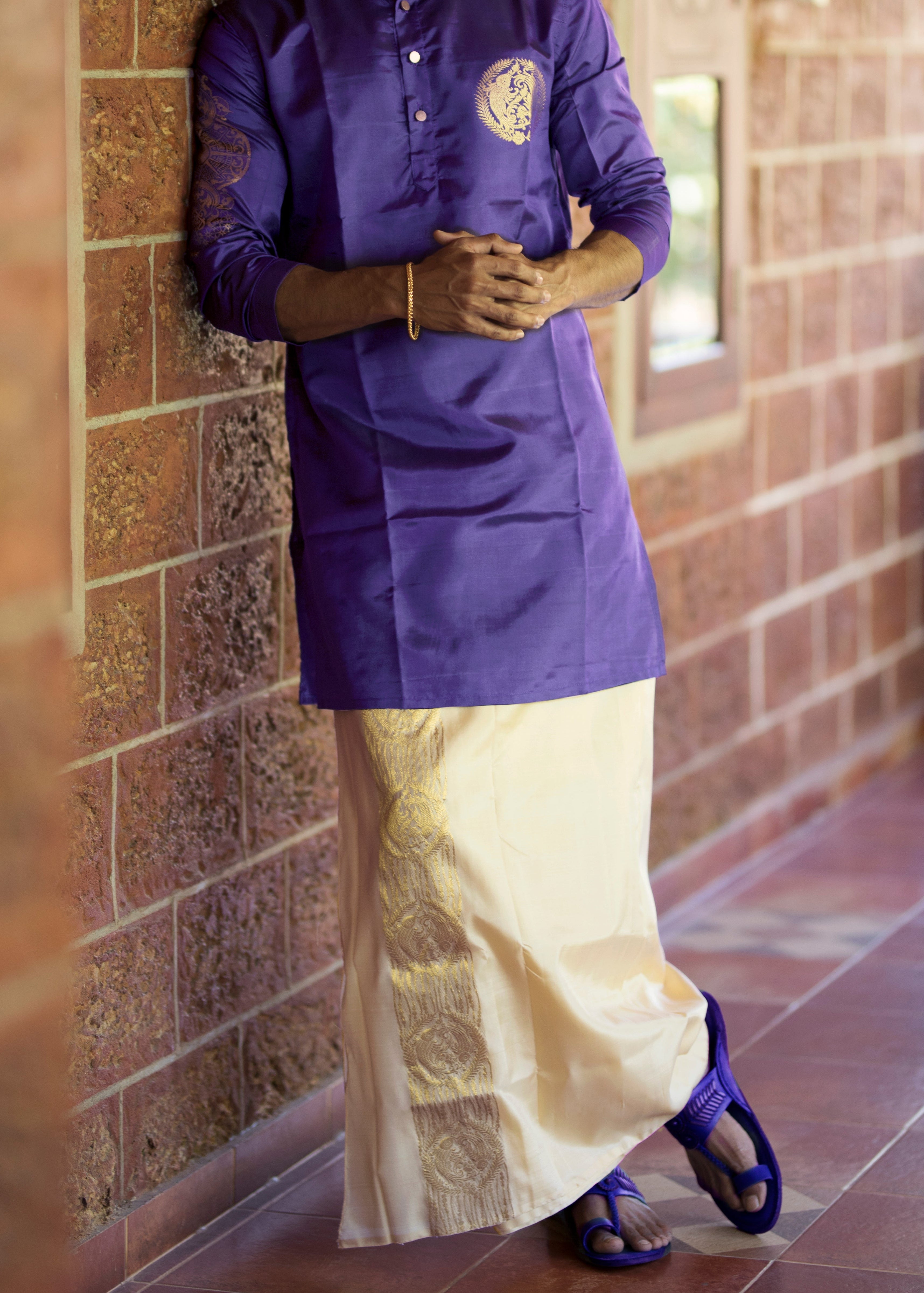 Pisces zodiac embroidered silk kurta handloom purple Mulberry silk kurta with golden zari Mughal style handloom silk kurta with German golden zari full view