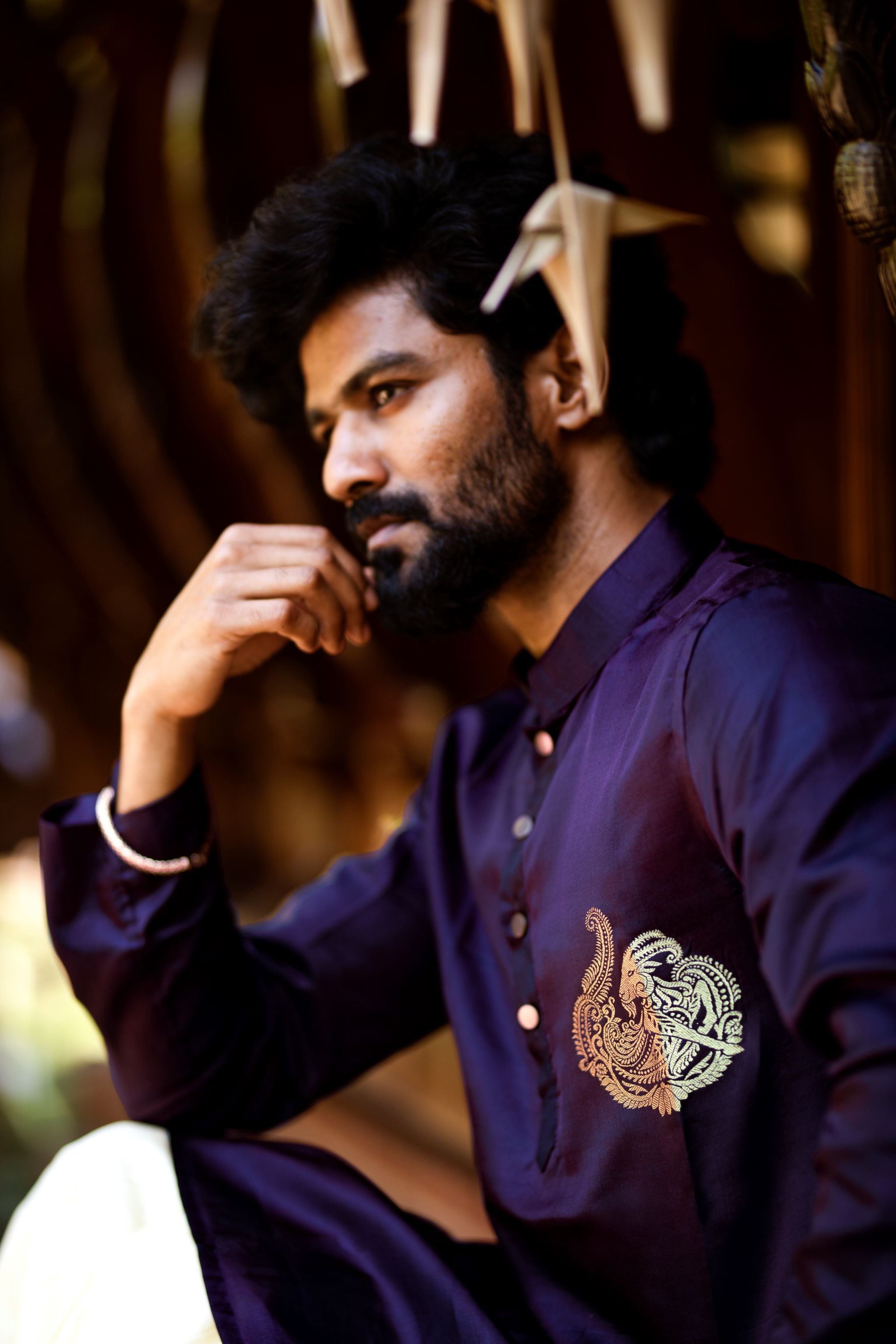 Capricorn zodiac embroidered silk kurta handloom purple Mulberry silk kurta with golden zari Mughal style handloom silk kurta with German golden zari 