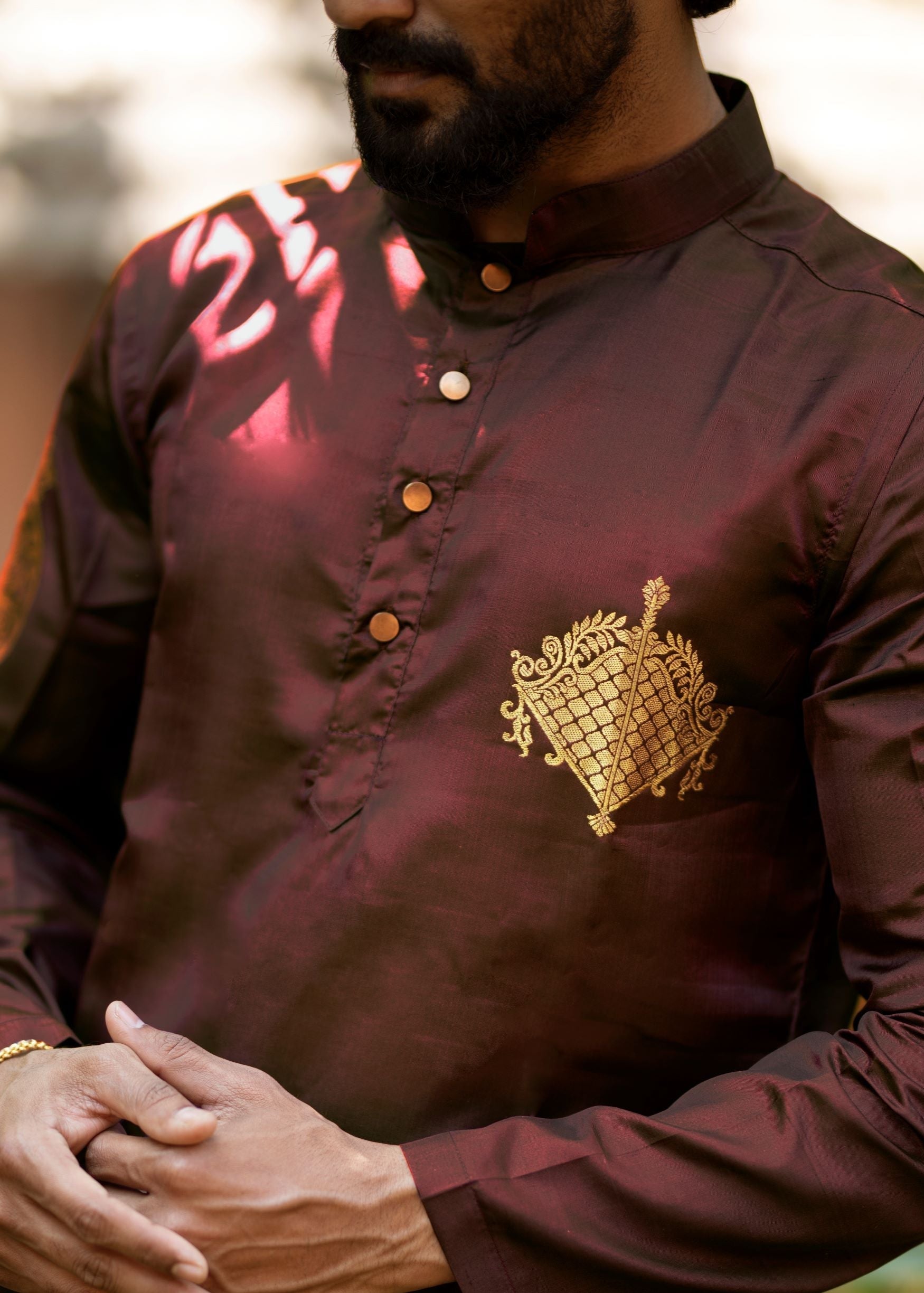 Sagittarius zodiac embroidered silk kurta handloom maroon Mulberry silk kurta with golden zari Mughal style handloom silk kurta with German golden zari 