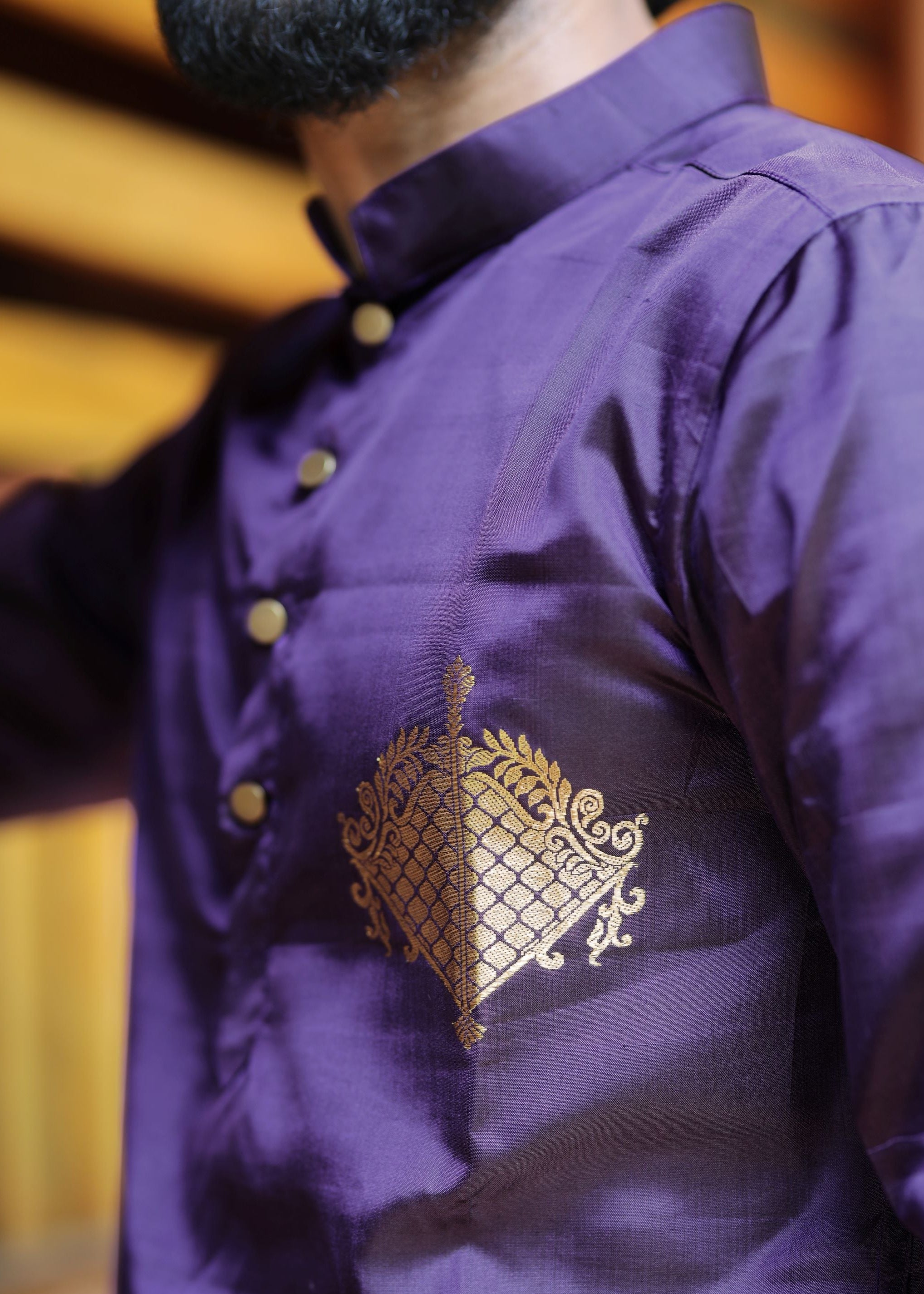 Sagittarius zodiac embroidered silk kurta handloom purple Mulberry silk kurta with golden zari Mughal style handloom silk kurta with German golden zari closeup view