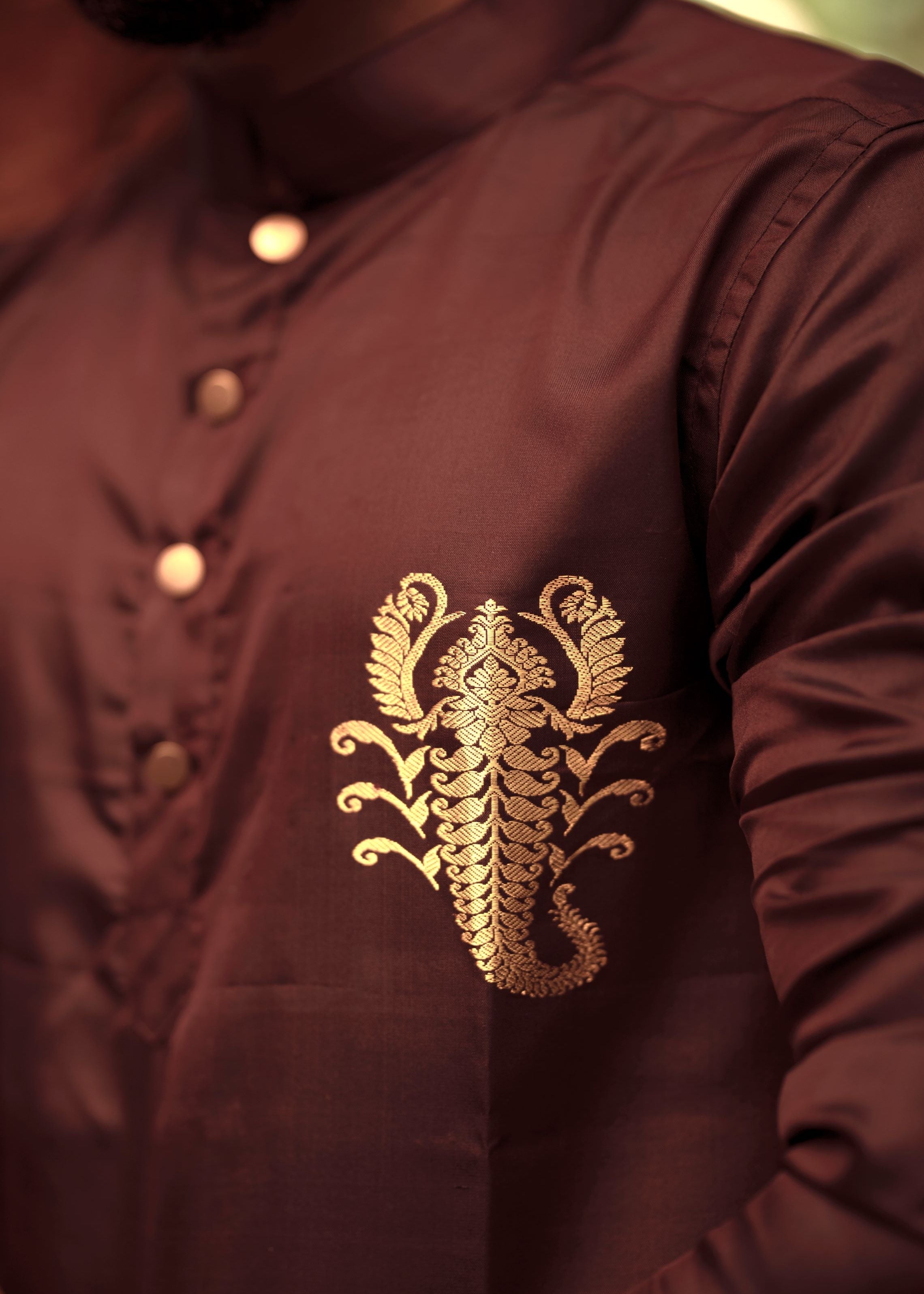 Scorpio zodiac embroidered silk kurta handloom maroon Mulberry silk kurta with golden zari Mughal style handloom silk kurta with German golden zari  closeup view
