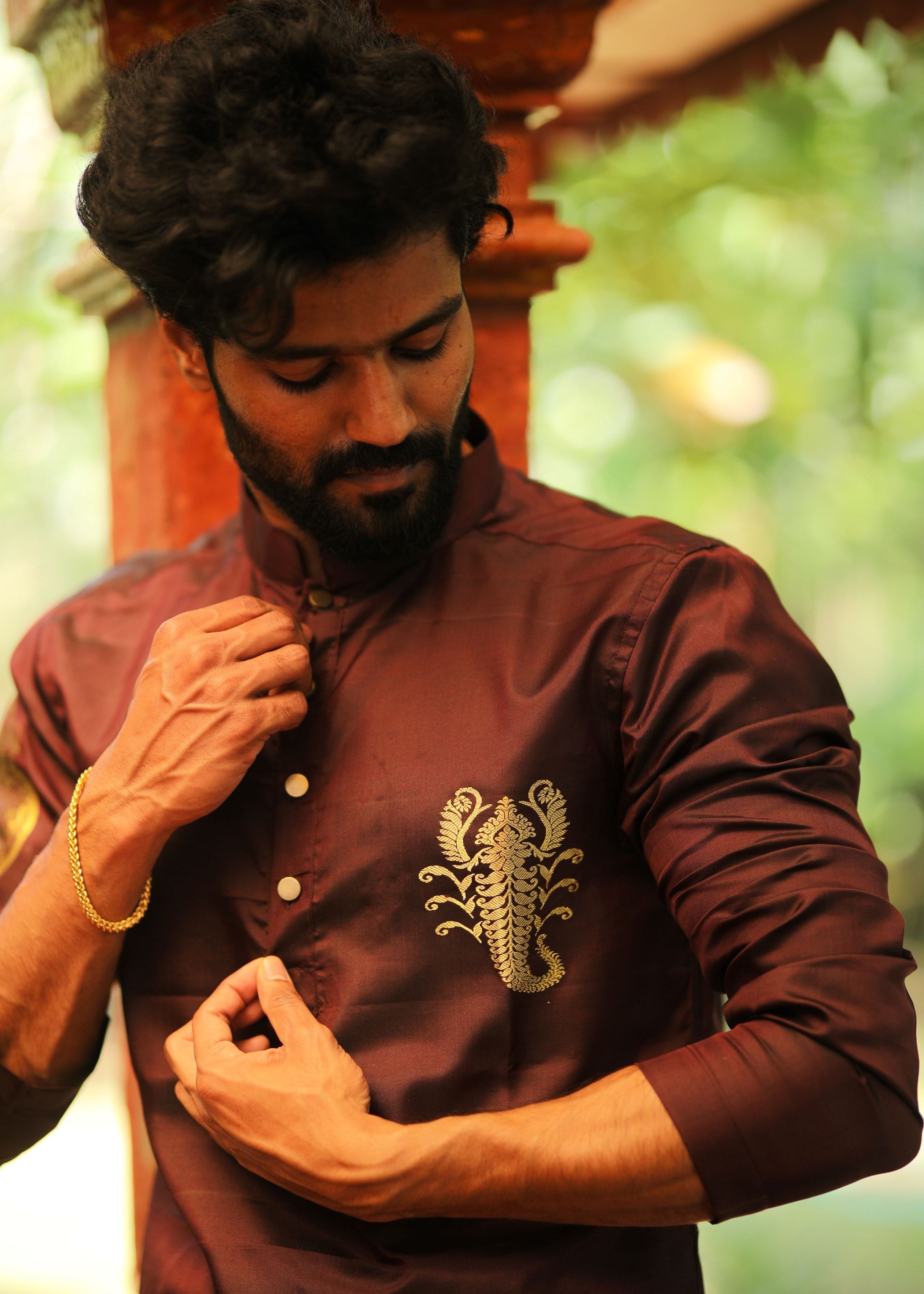 Scorpio zodiac embroidered silk kurta handloom maroon Mulberry silk kurta with golden zari Mughal style handloom silk kurta with German golden zari 