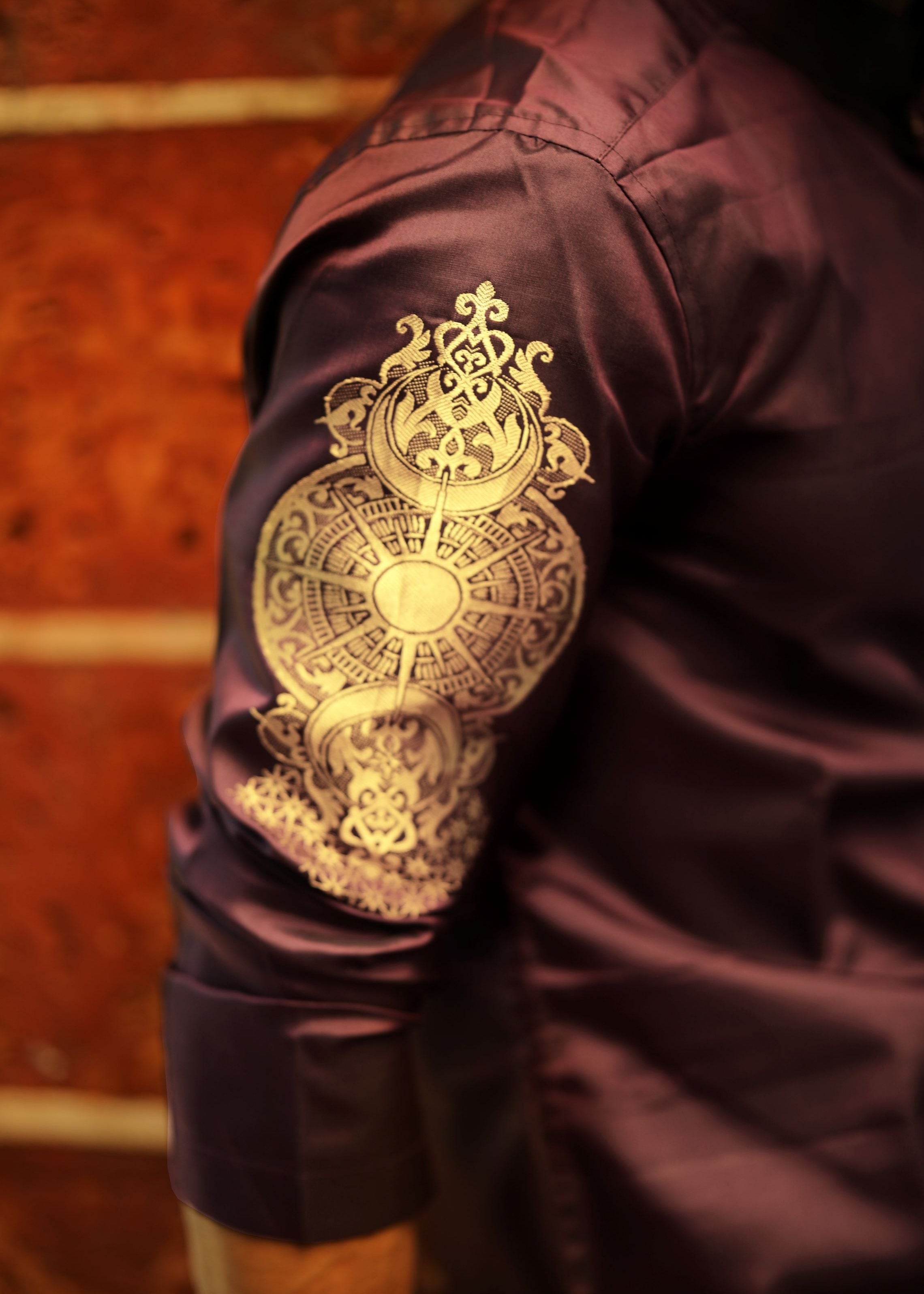 Scorpio zodiac embroidered silk kurta handloom maroon Mulberry silk kurta with golden zari Mughal style handloom silk kurta with German golden zari side closeup view