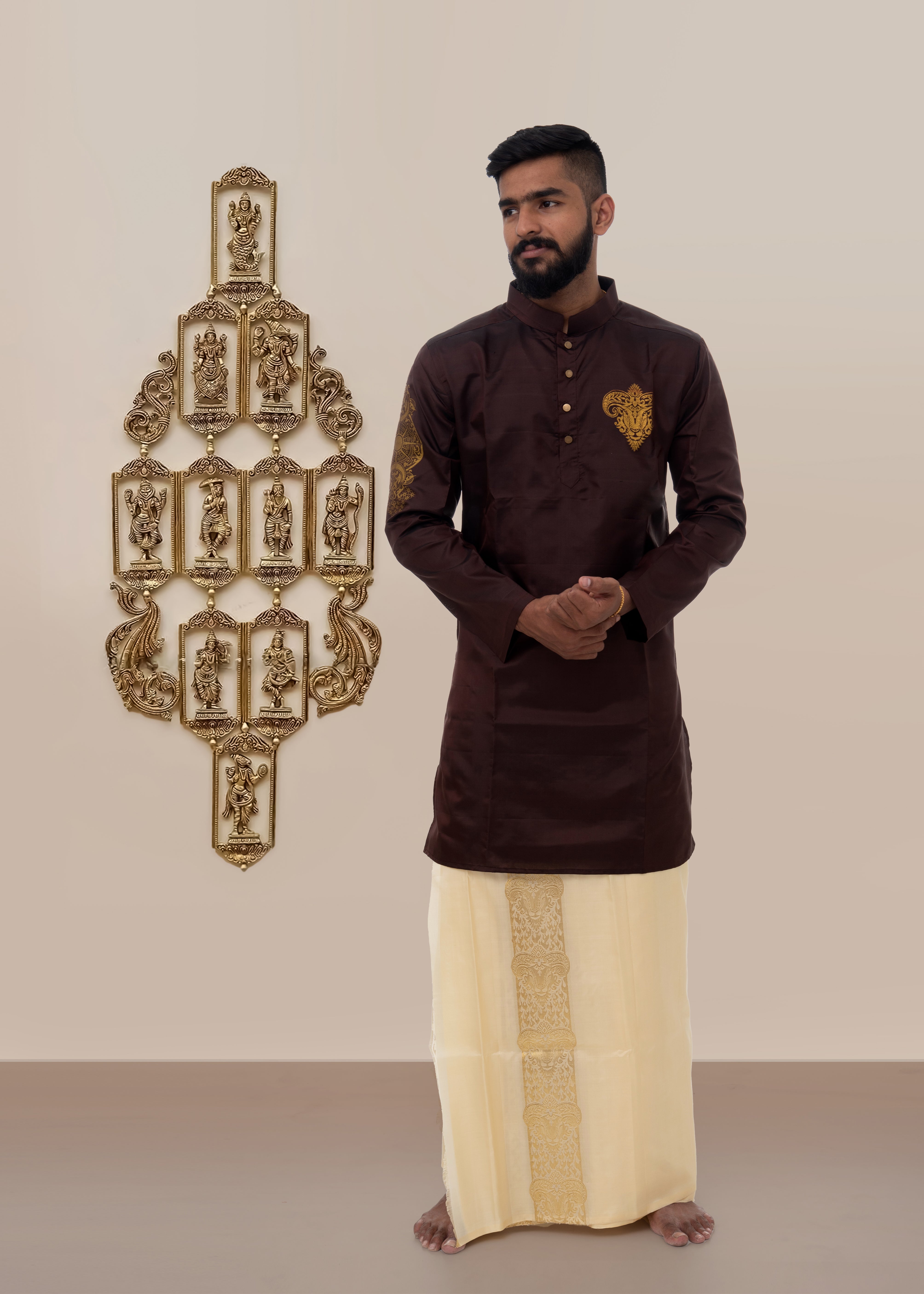 Aries zodiac embroidered silk kurta handloom maroon Mulberry silk kurta with golden zari Mughal style handloom silk kurta with German golden zari. side view